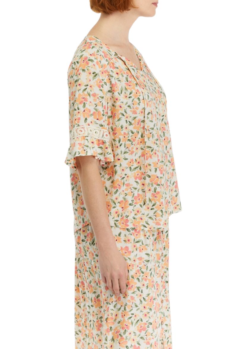 Womens Floral Printed Inset Trim Blouse