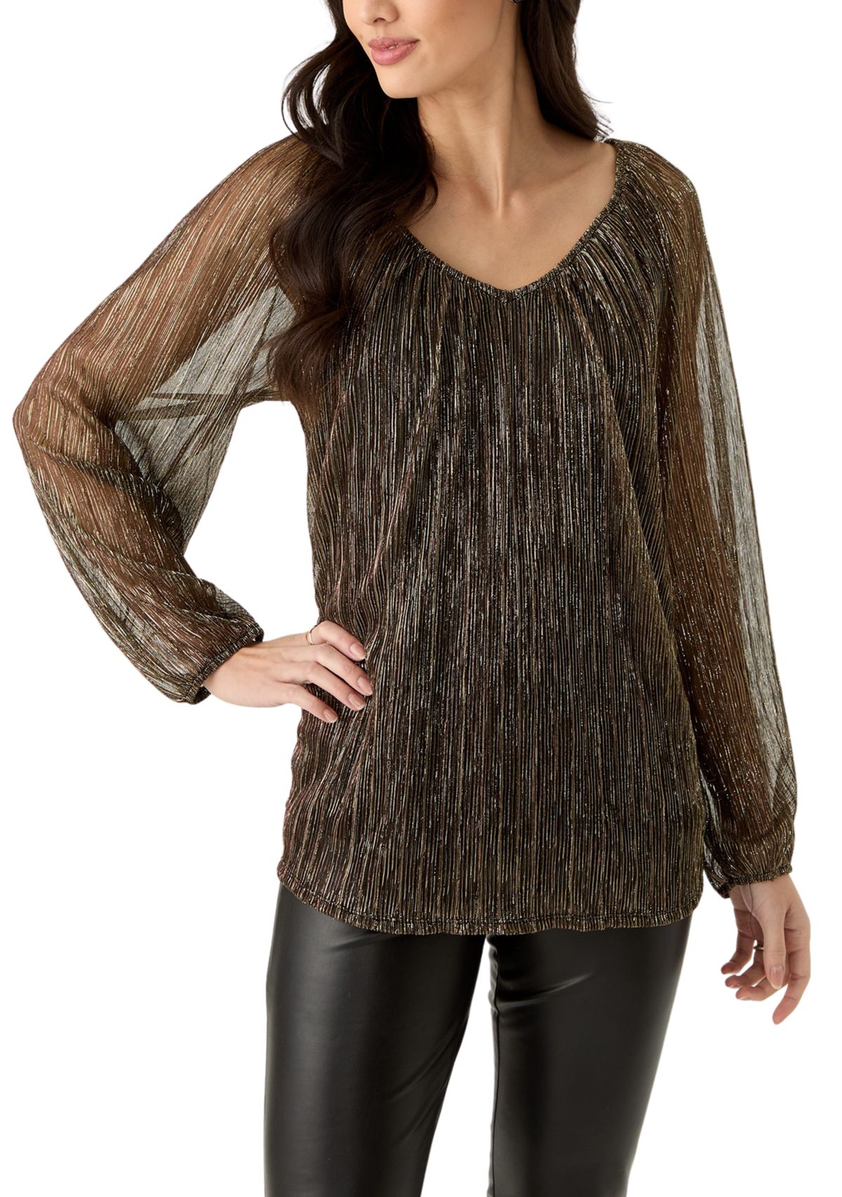Womens Long Sleeve V-Neck Lurex Top