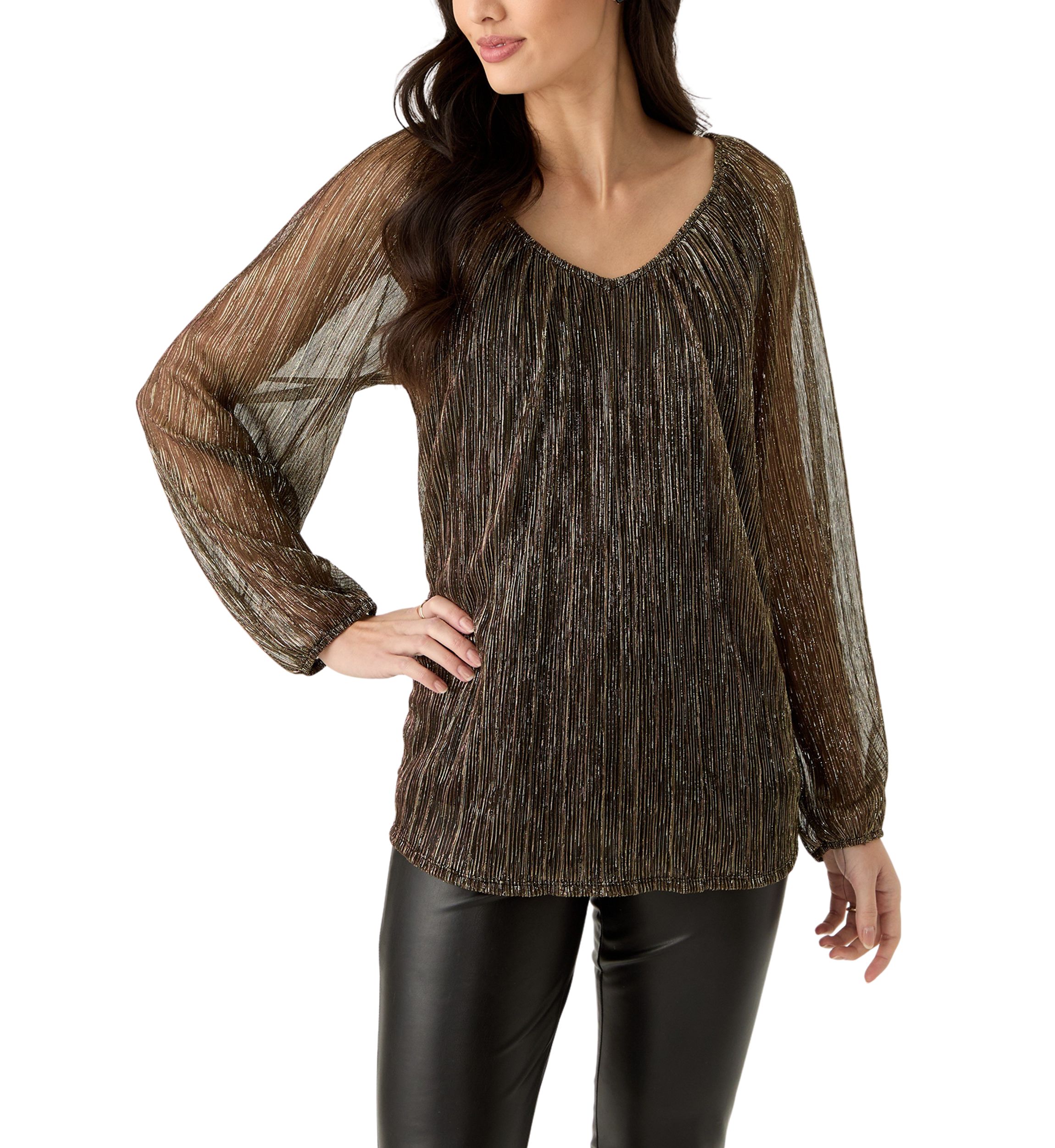 Womens Long Sleeve V-Neck Lurex Top
