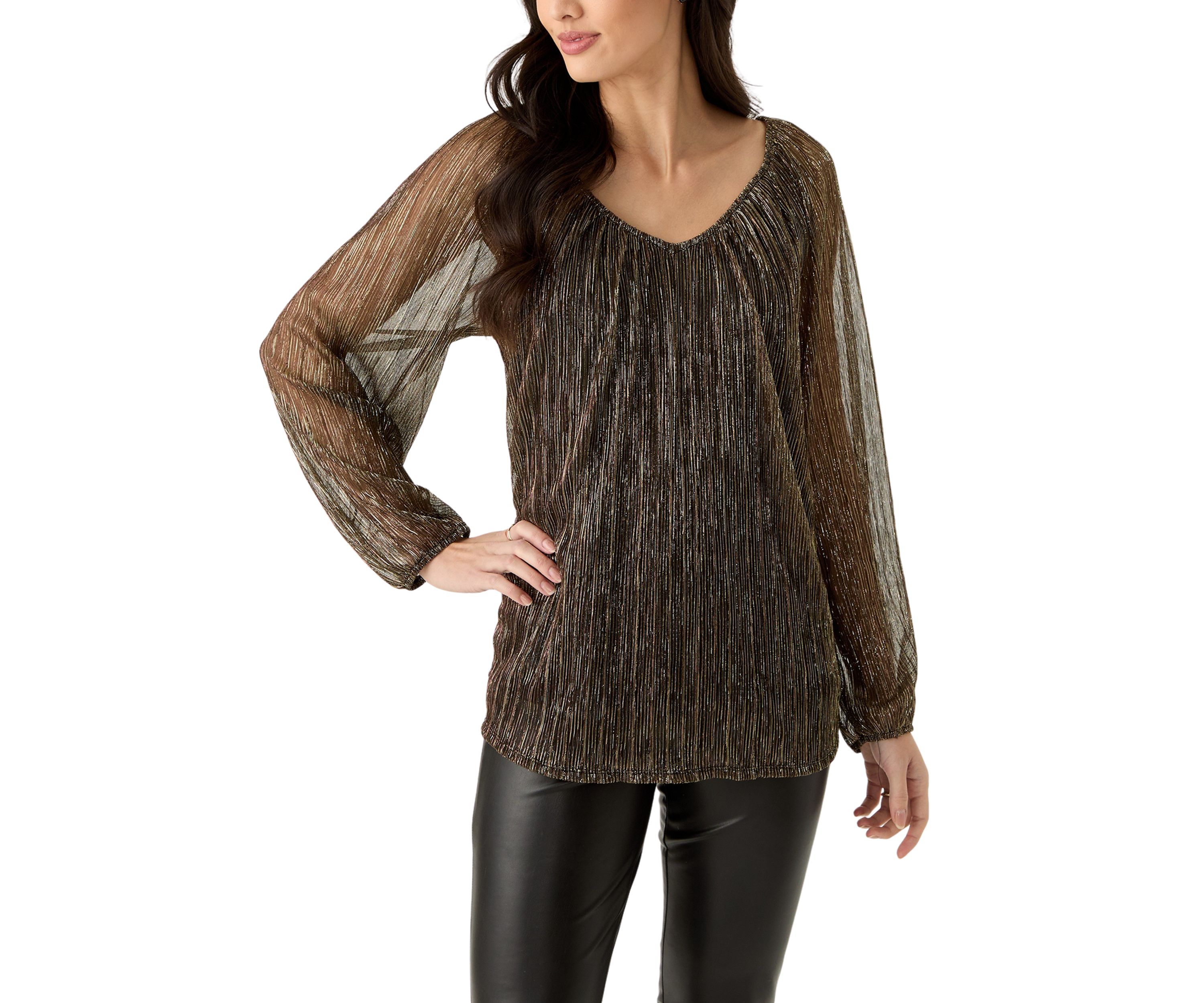 Womens Long Sleeve V-Neck Lurex Top