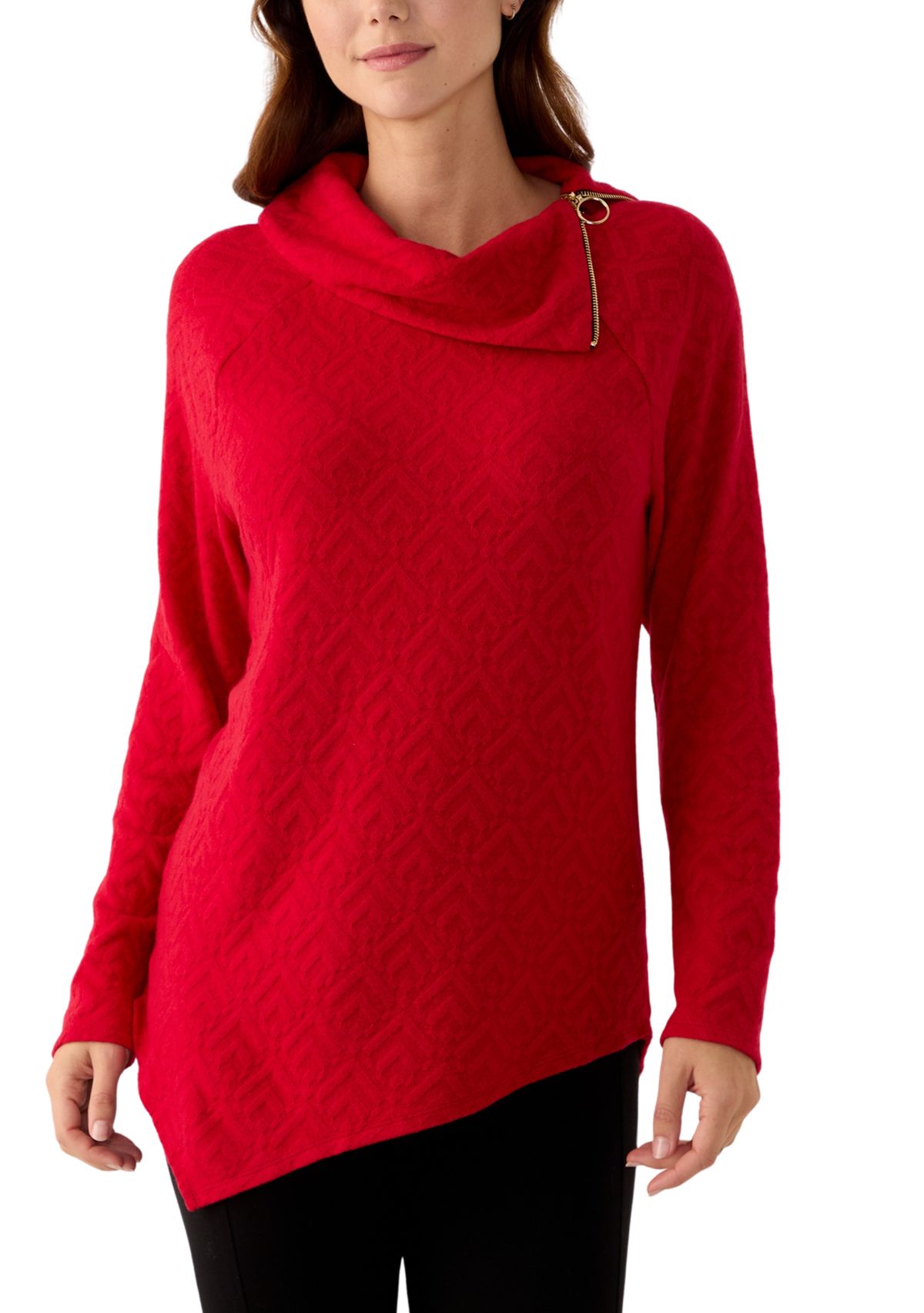 Womens Long Sleeve Jacquard Knit Asymmetrical Hem Pullover
