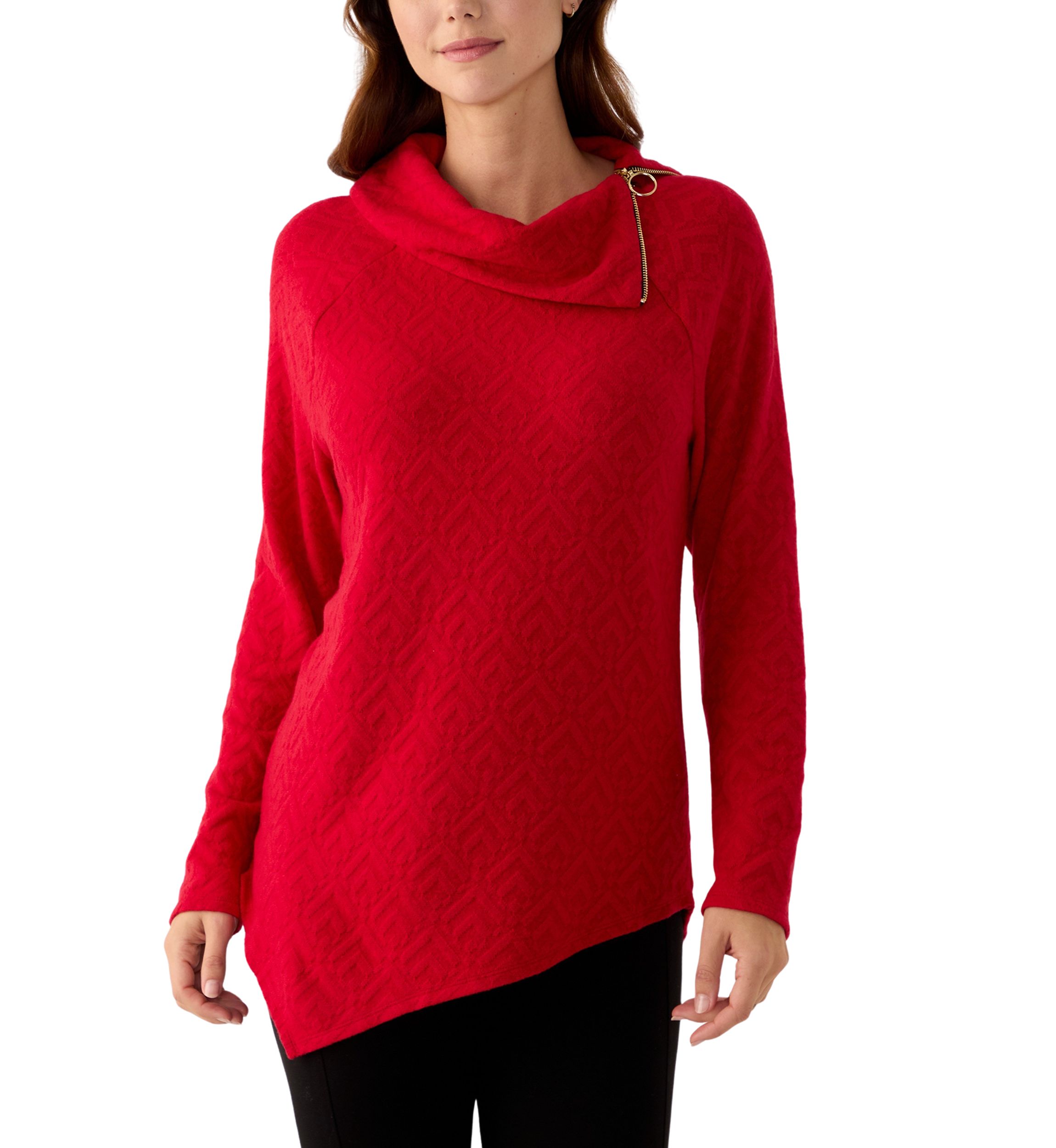 Womens Long Sleeve Jacquard Knit Asymmetrical Hem Pullover