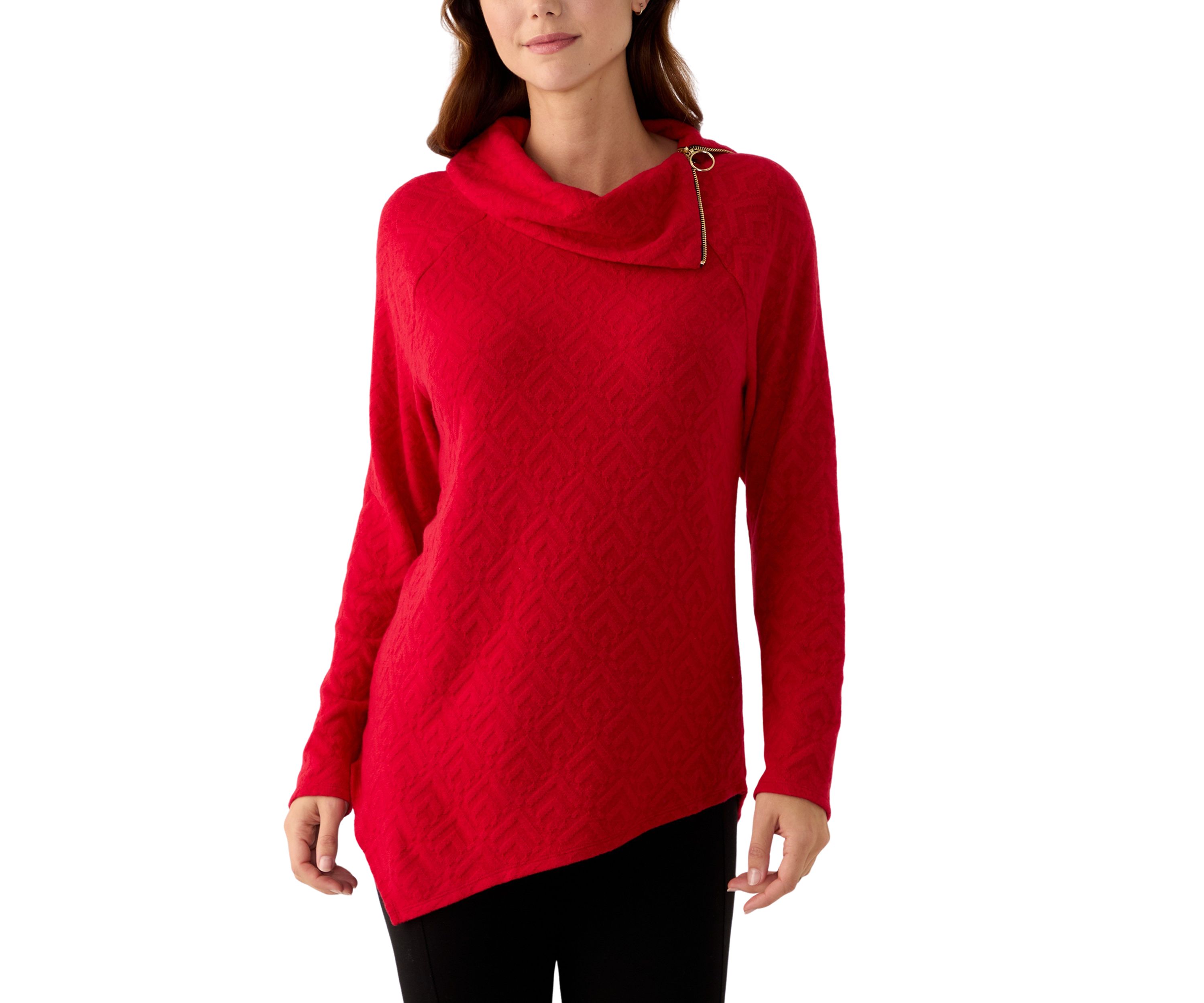 Womens Long Sleeve Jacquard Knit Asymmetrical Hem Pullover