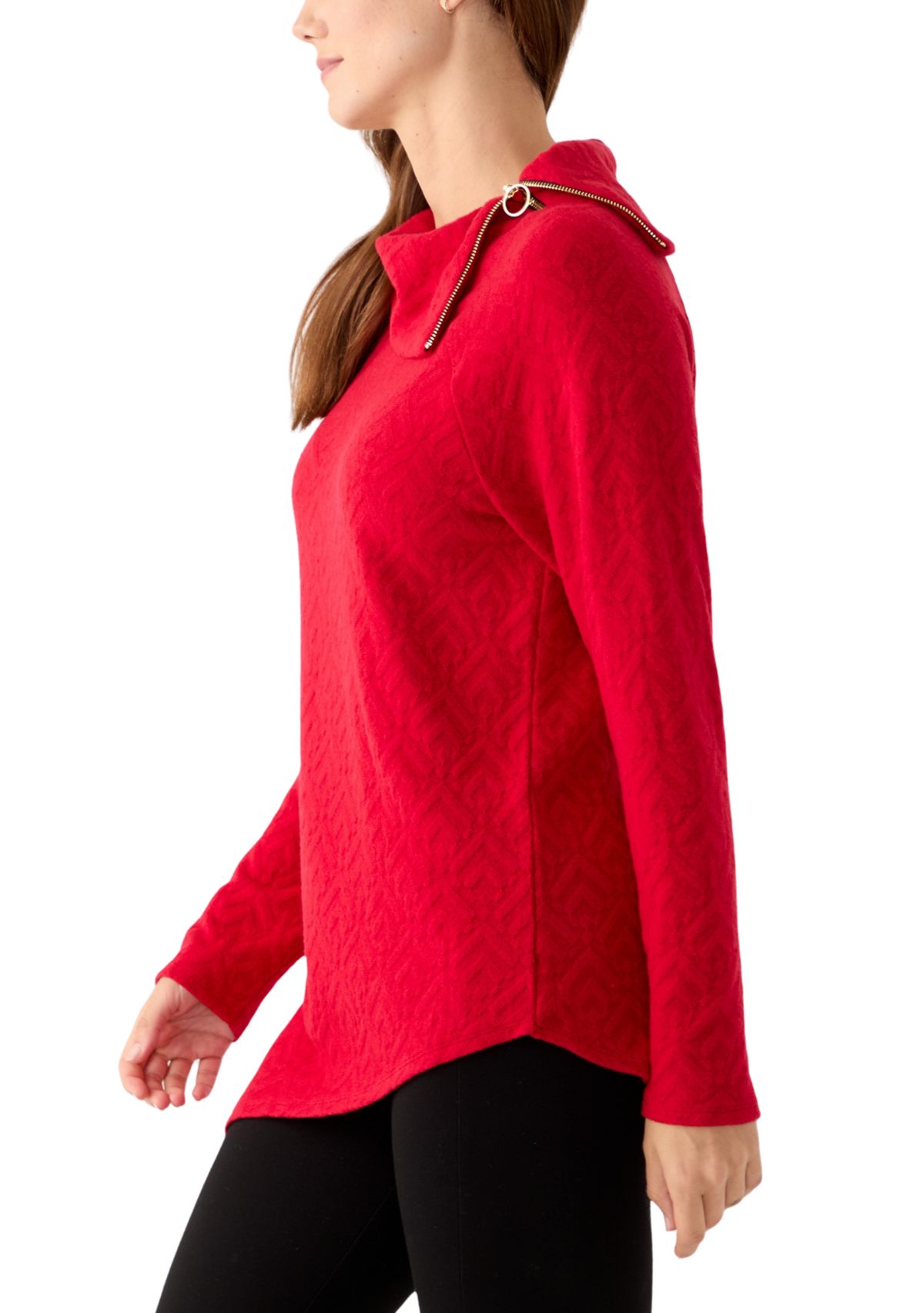 Womens Long Sleeve Jacquard Knit Asymmetrical Hem Pullover