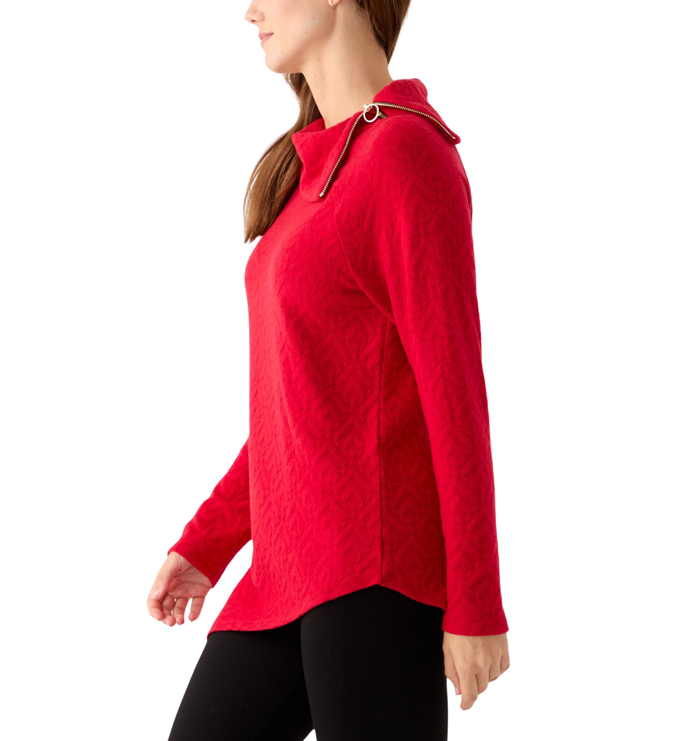 Womens Long Sleeve Jacquard Knit Asymmetrical Hem Pullover