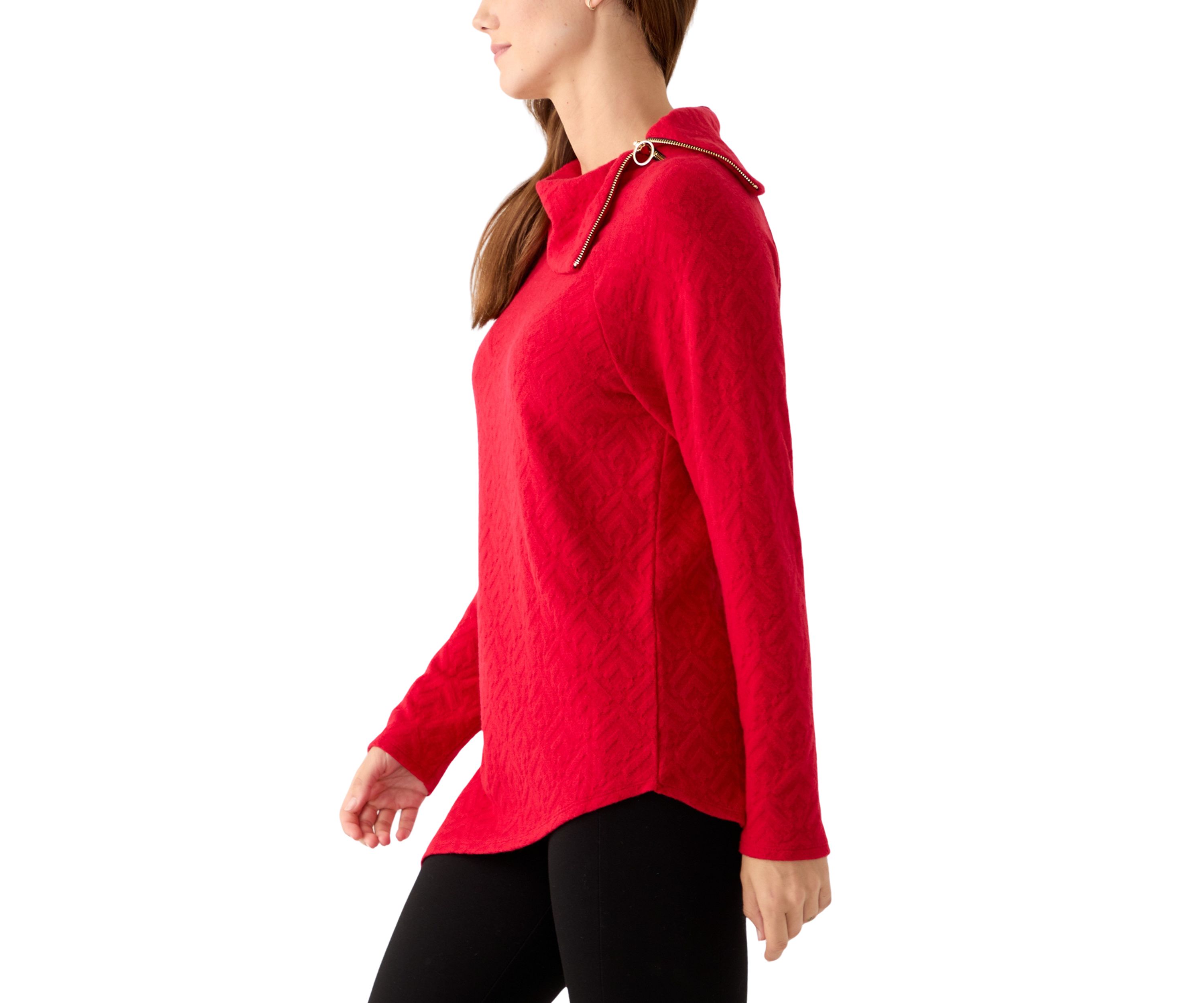 Womens Long Sleeve Jacquard Knit Asymmetrical Hem Pullover