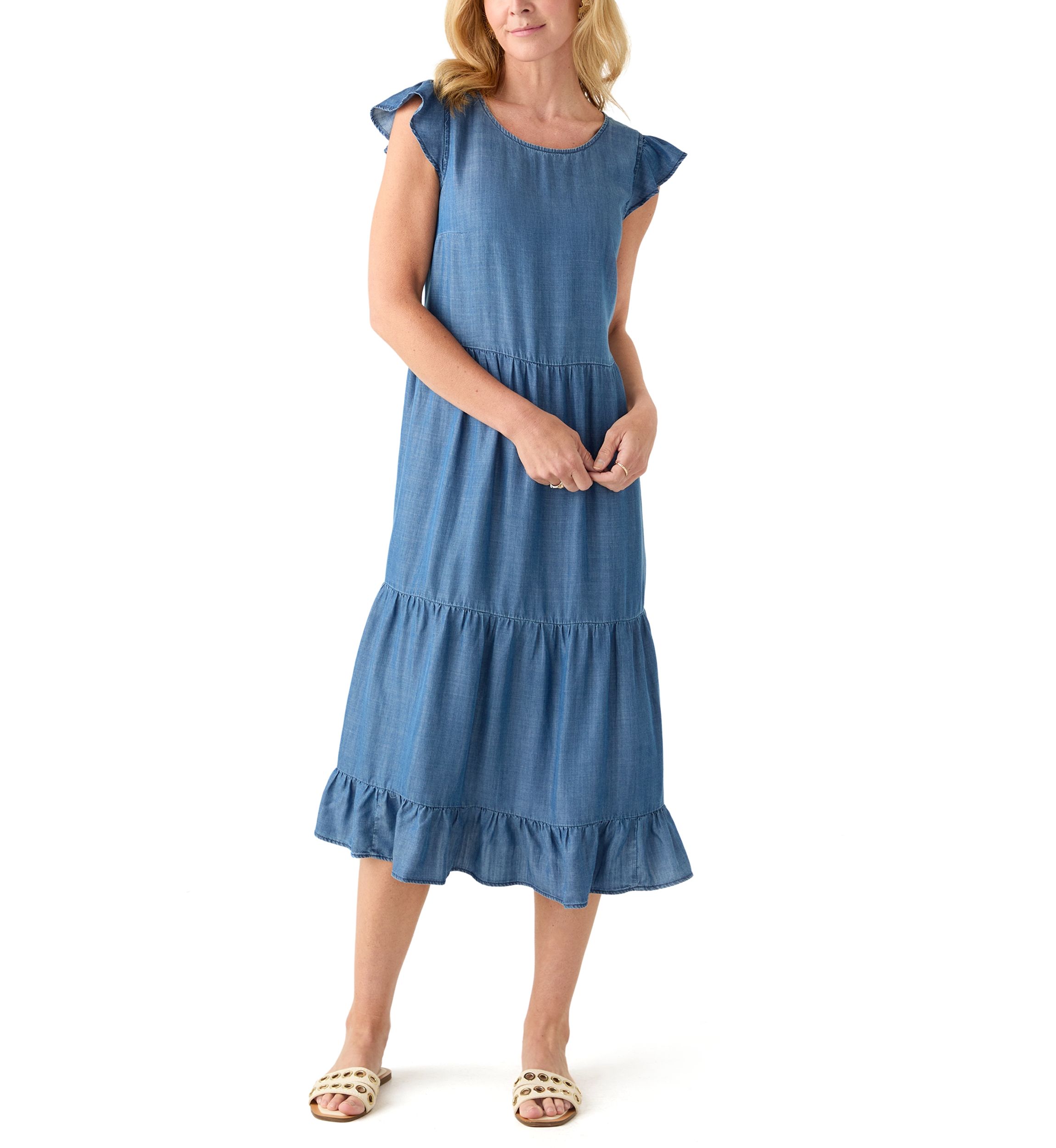 Womens Sleeveless Tiered Denim Midi Dress