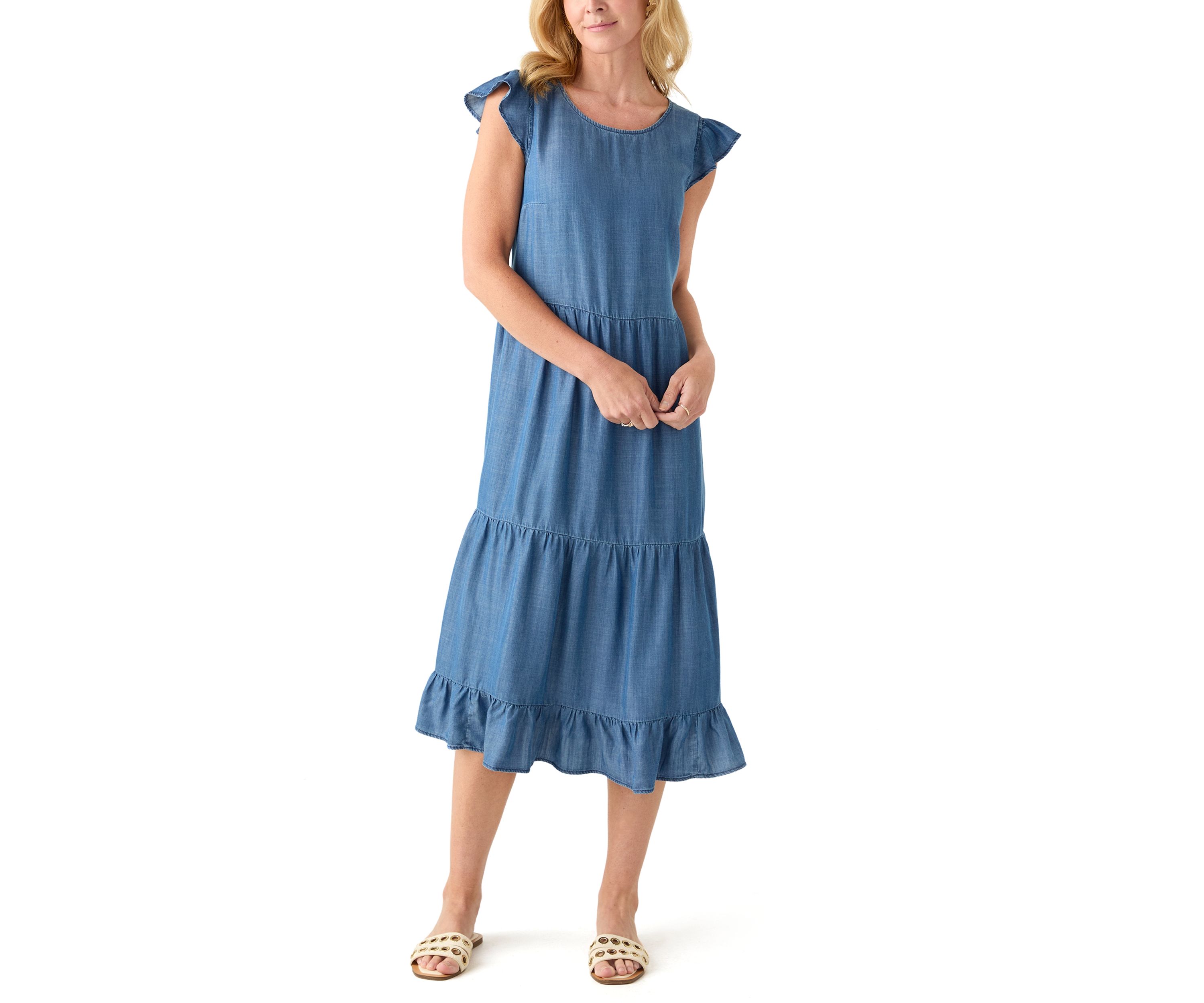 Womens Sleeveless Tiered Denim Midi Dress