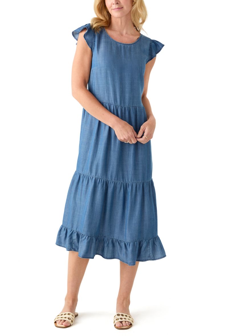Womens Sleeveless Tiered Denim Midi Dress