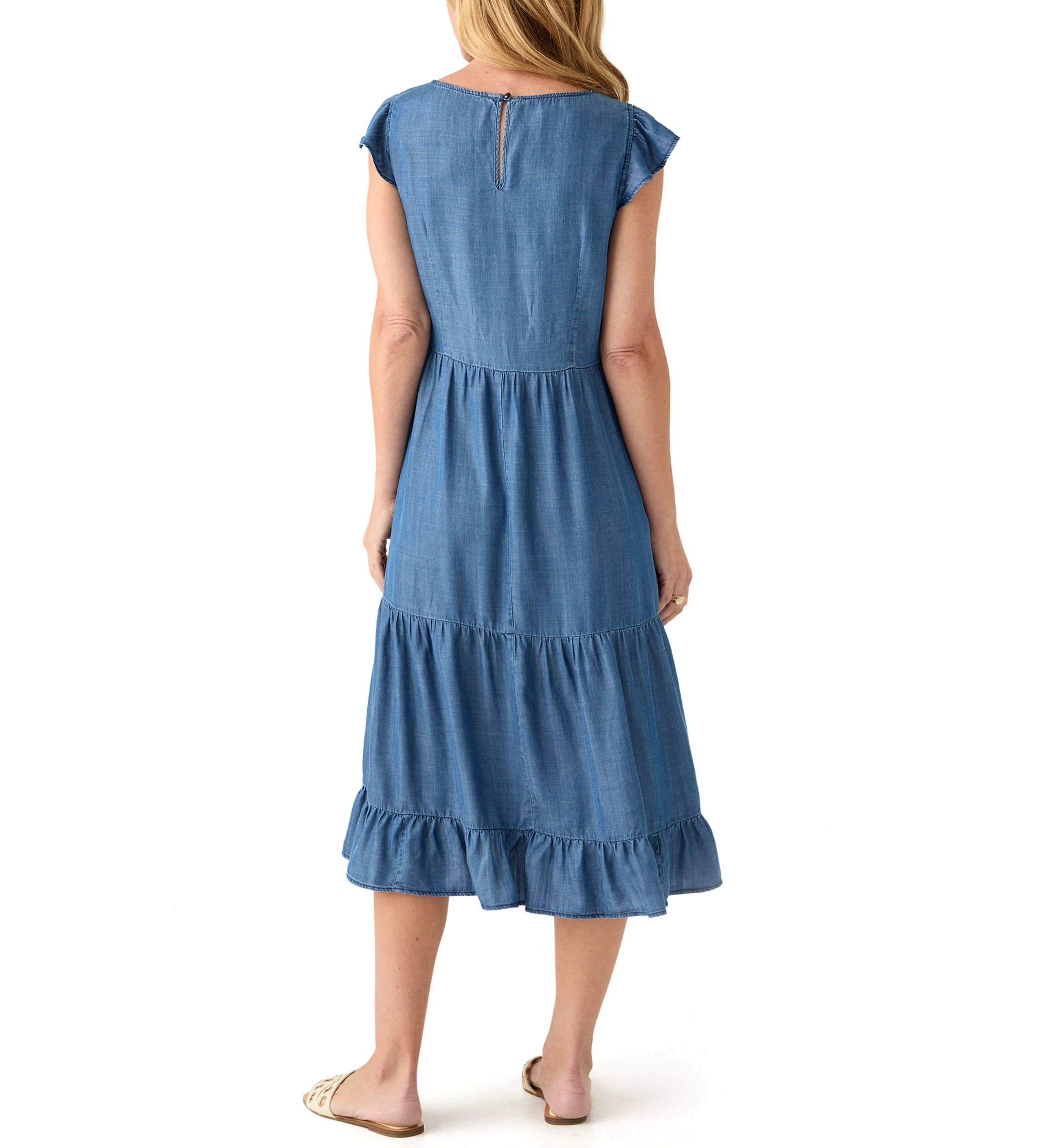 Womens Sleeveless Tiered Denim Midi Dress