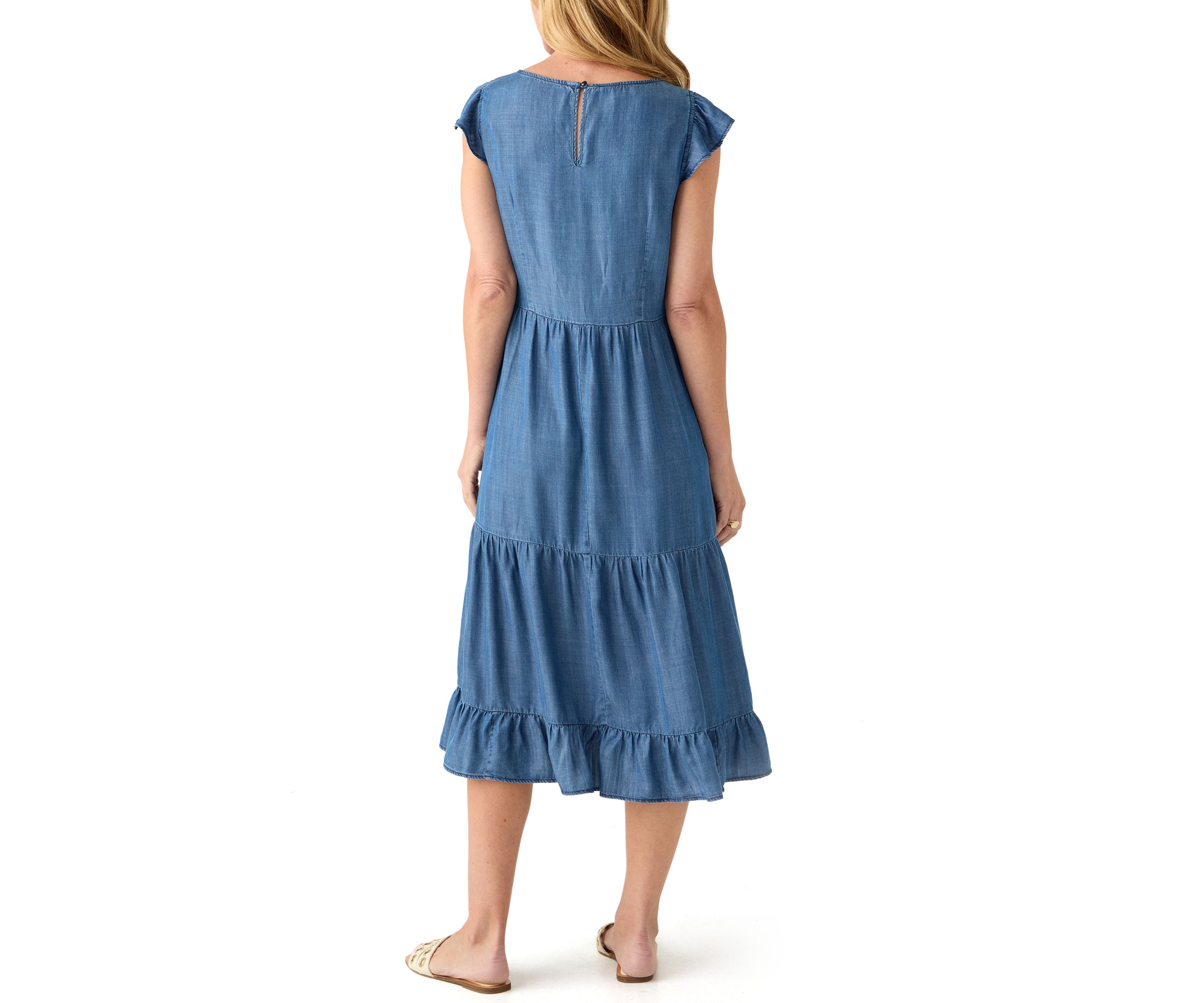 Womens Sleeveless Tiered Denim Midi Dress