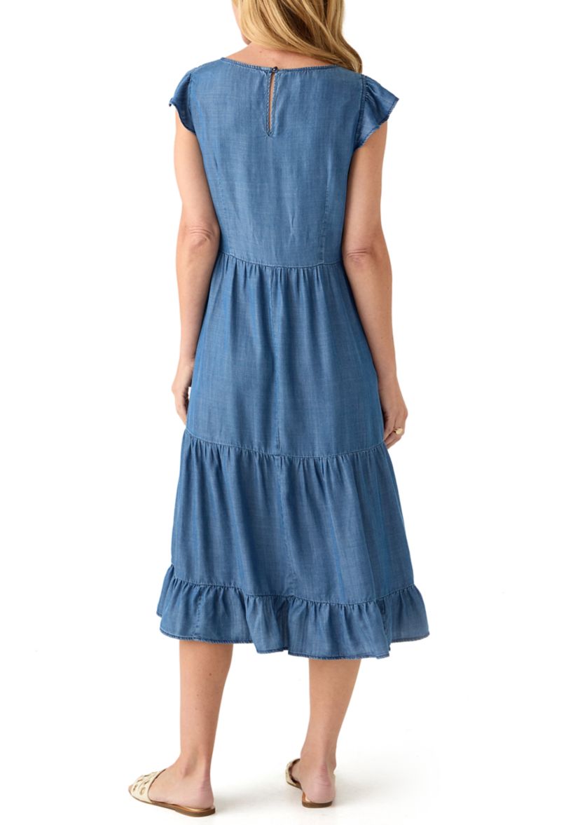 Womens Sleeveless Tiered Denim Midi Dress