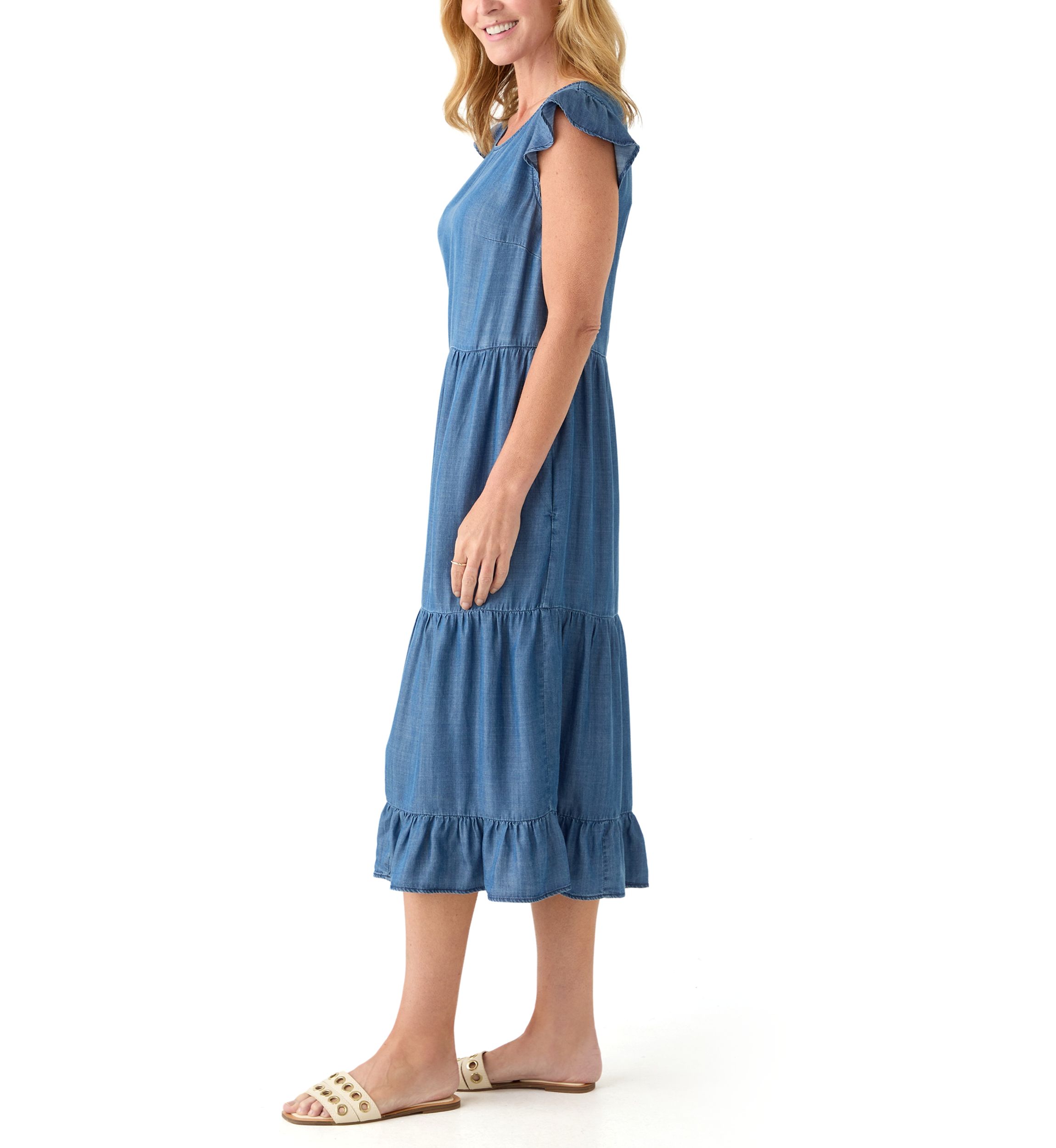Womens Sleeveless Tiered Denim Midi Dress