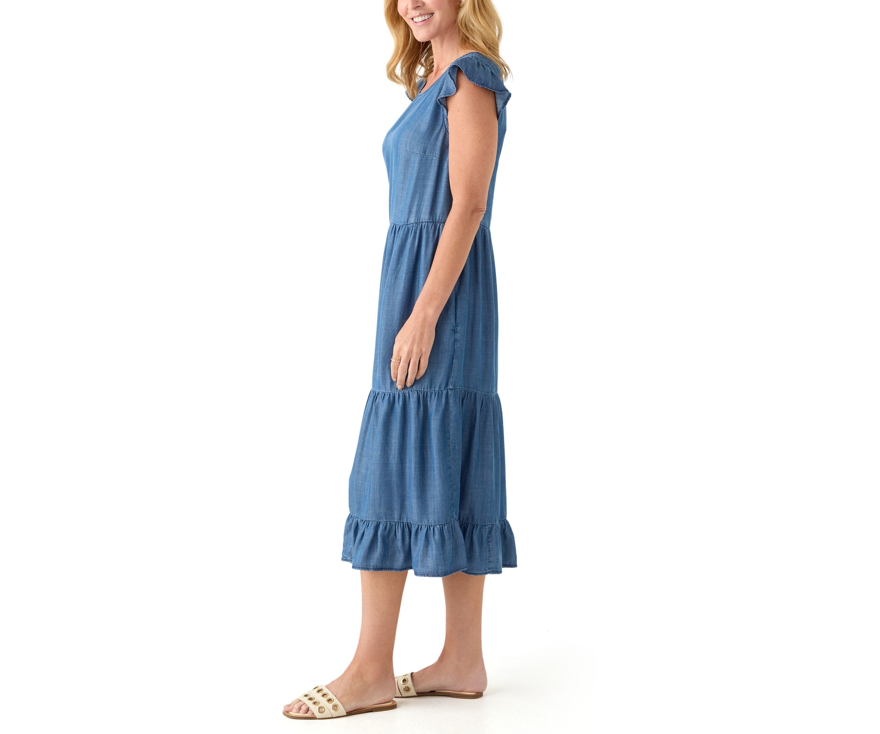 Womens Sleeveless Tiered Denim Midi Dress