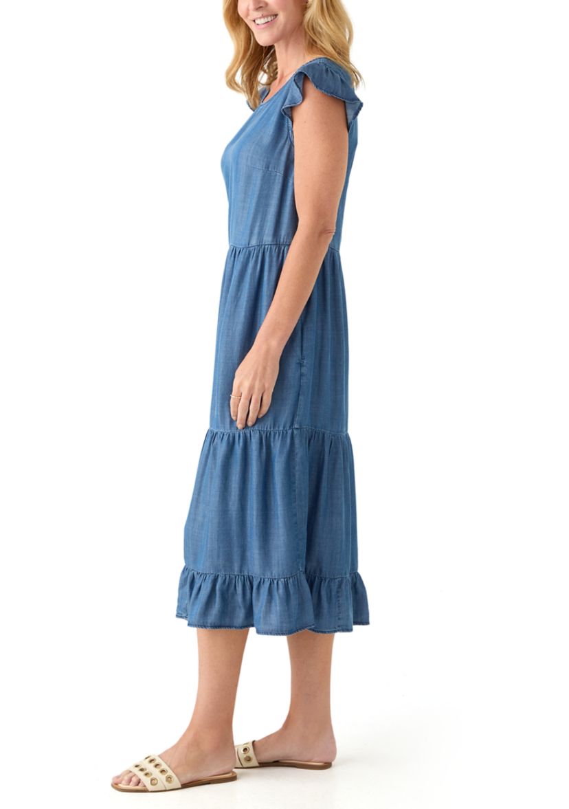 Womens Sleeveless Tiered Denim Midi Dress