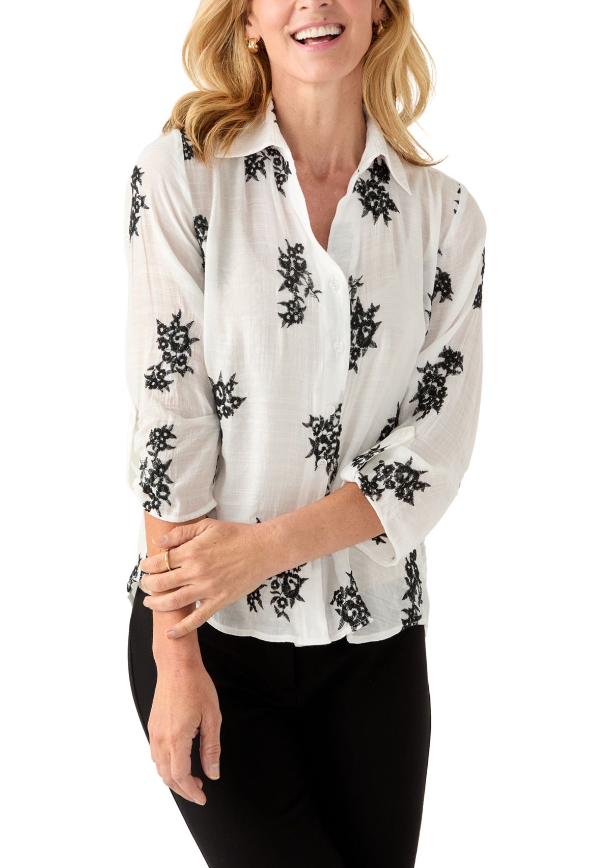 Womens Long Sleeve Embroidered Button-Front Tie Top 