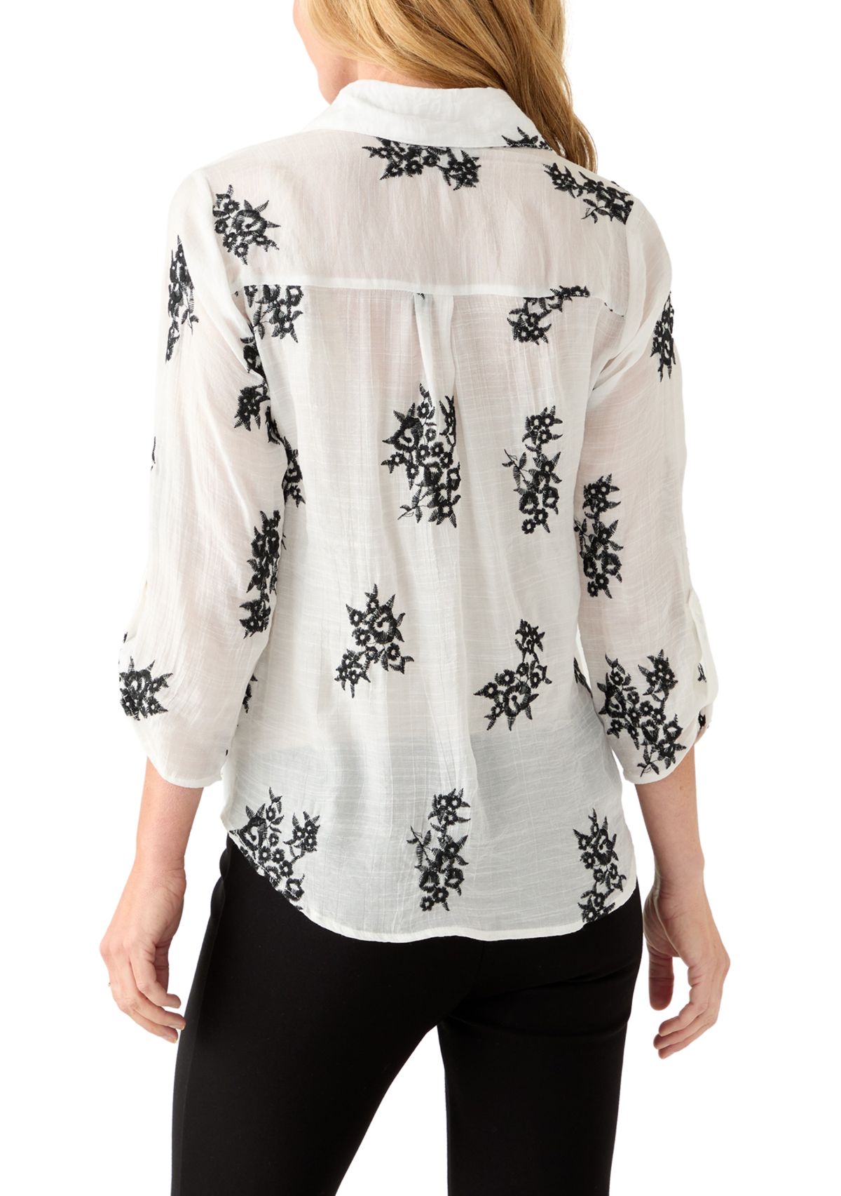 Womens Long Sleeve Embroidered Button-Front Tie Top 