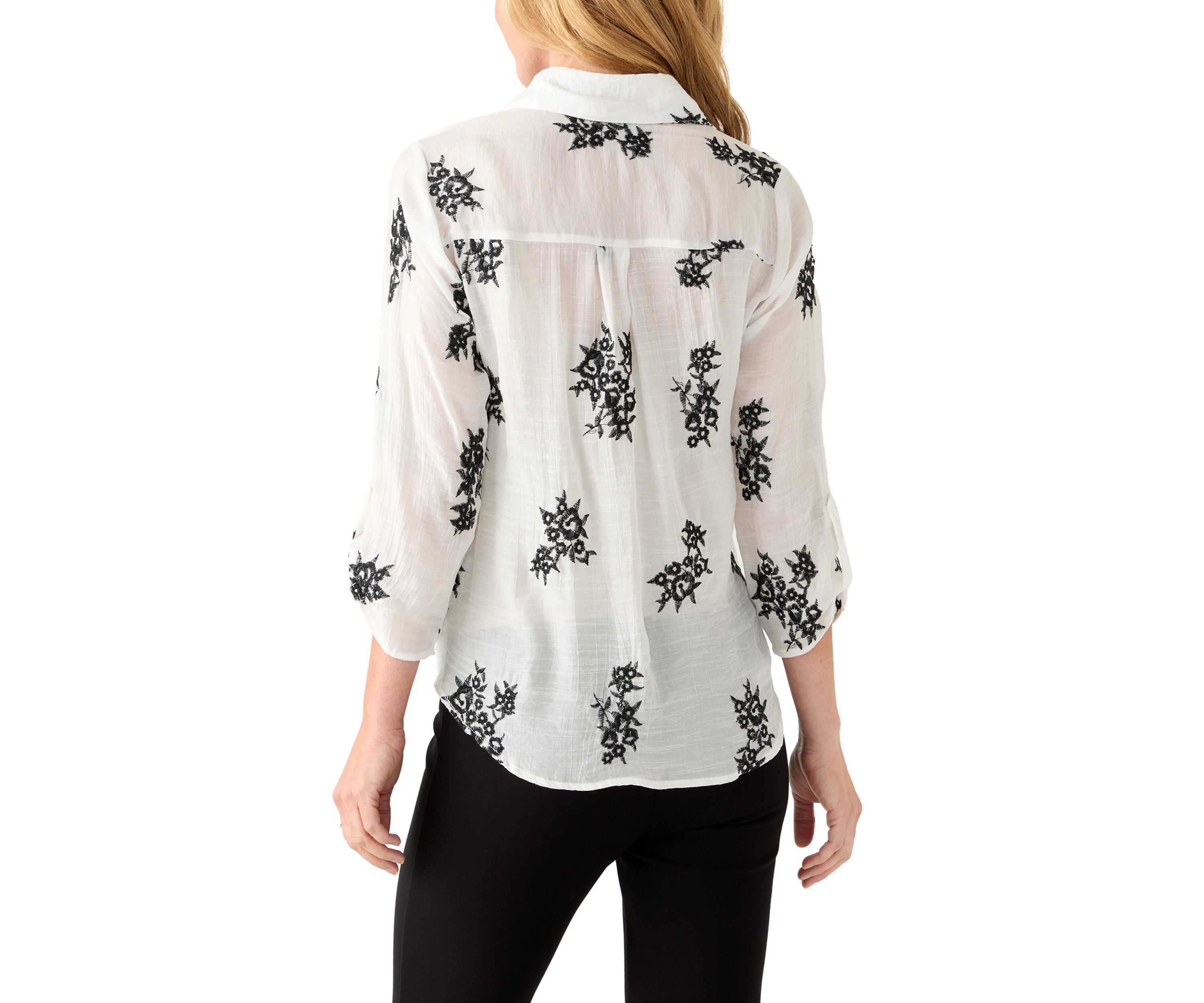 Womens Long Sleeve Embroidered Button-Front Tie Top 