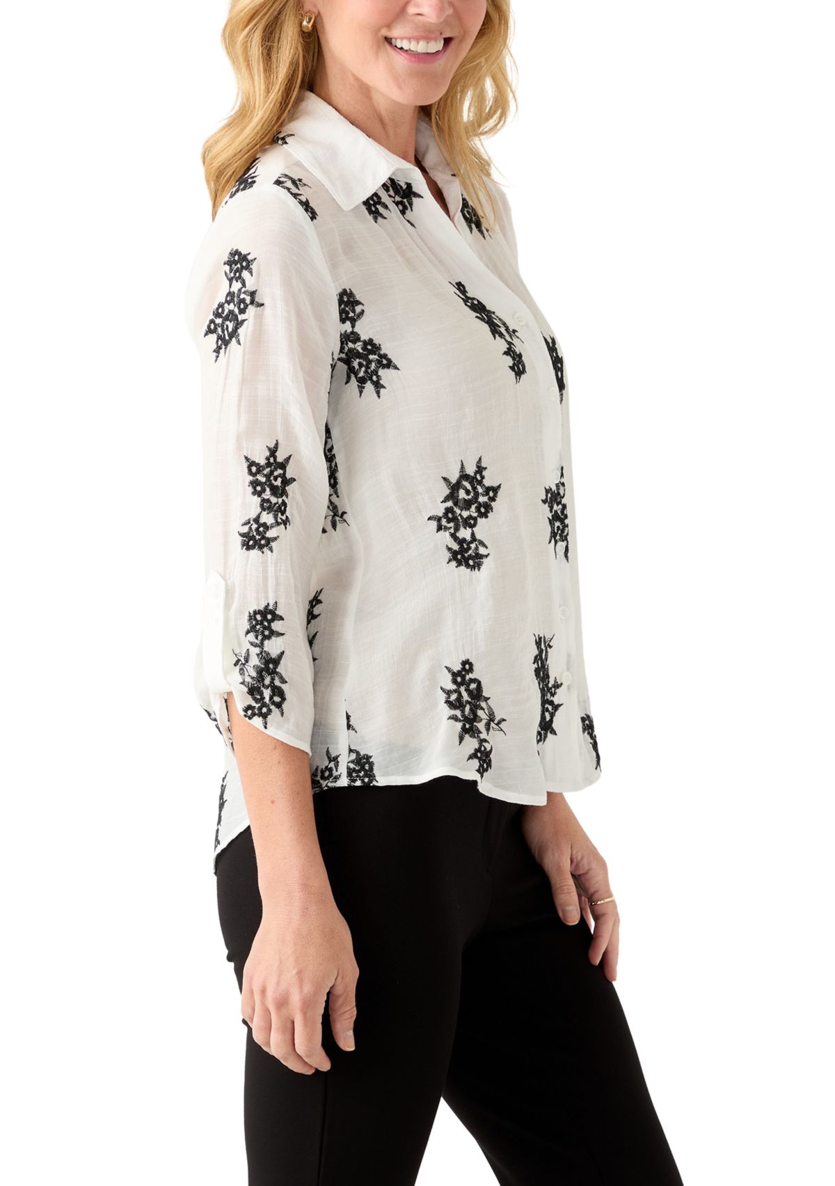 Womens Long Sleeve Embroidered Button-Front Tie Top 