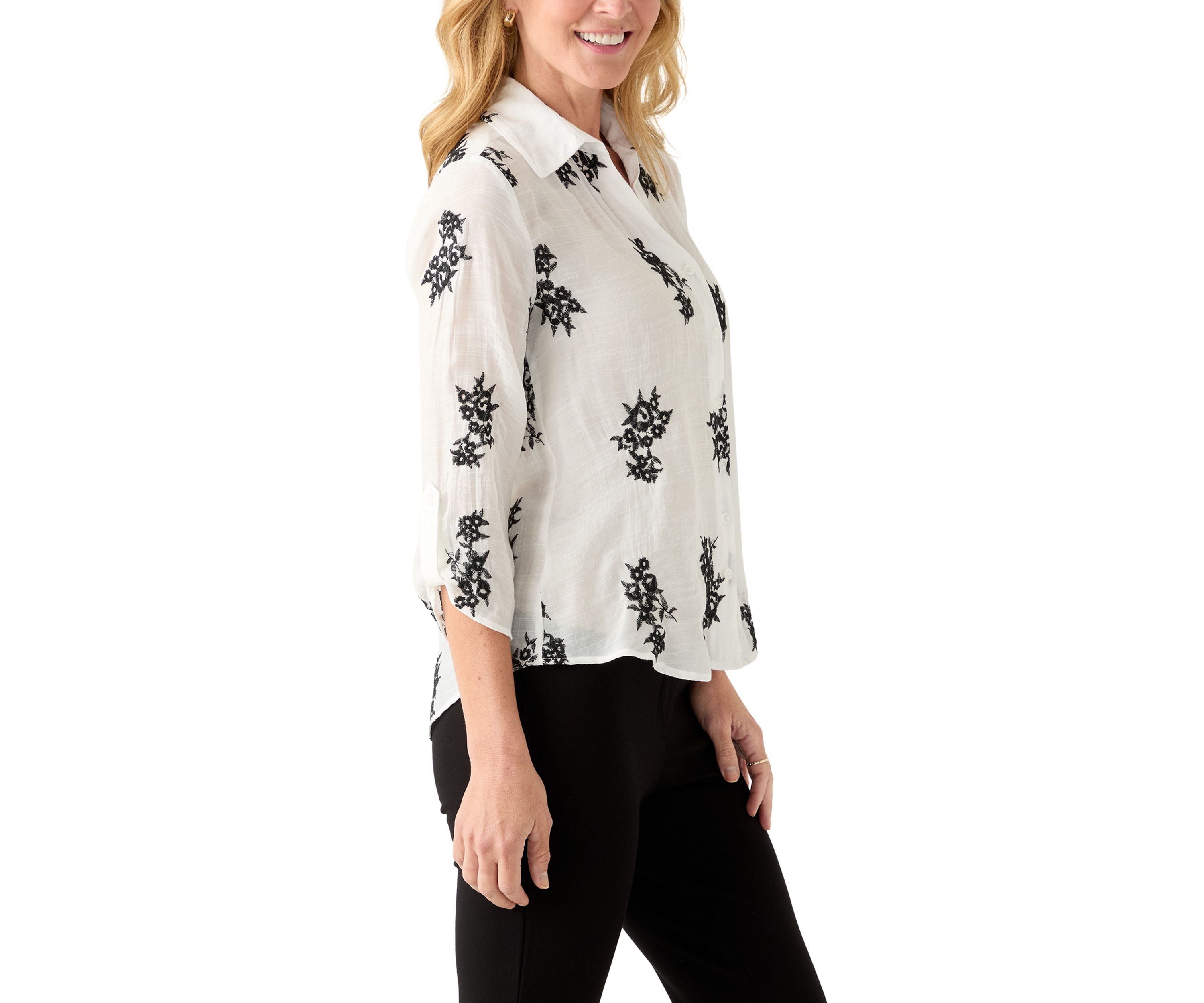 Womens Long Sleeve Embroidered Button-Front Tie Top 