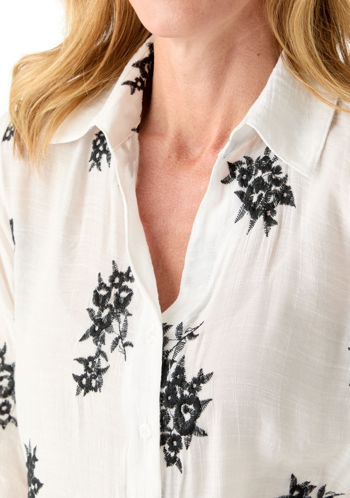 Womens Long Sleeve Embroidered Button-Front Tie Top 