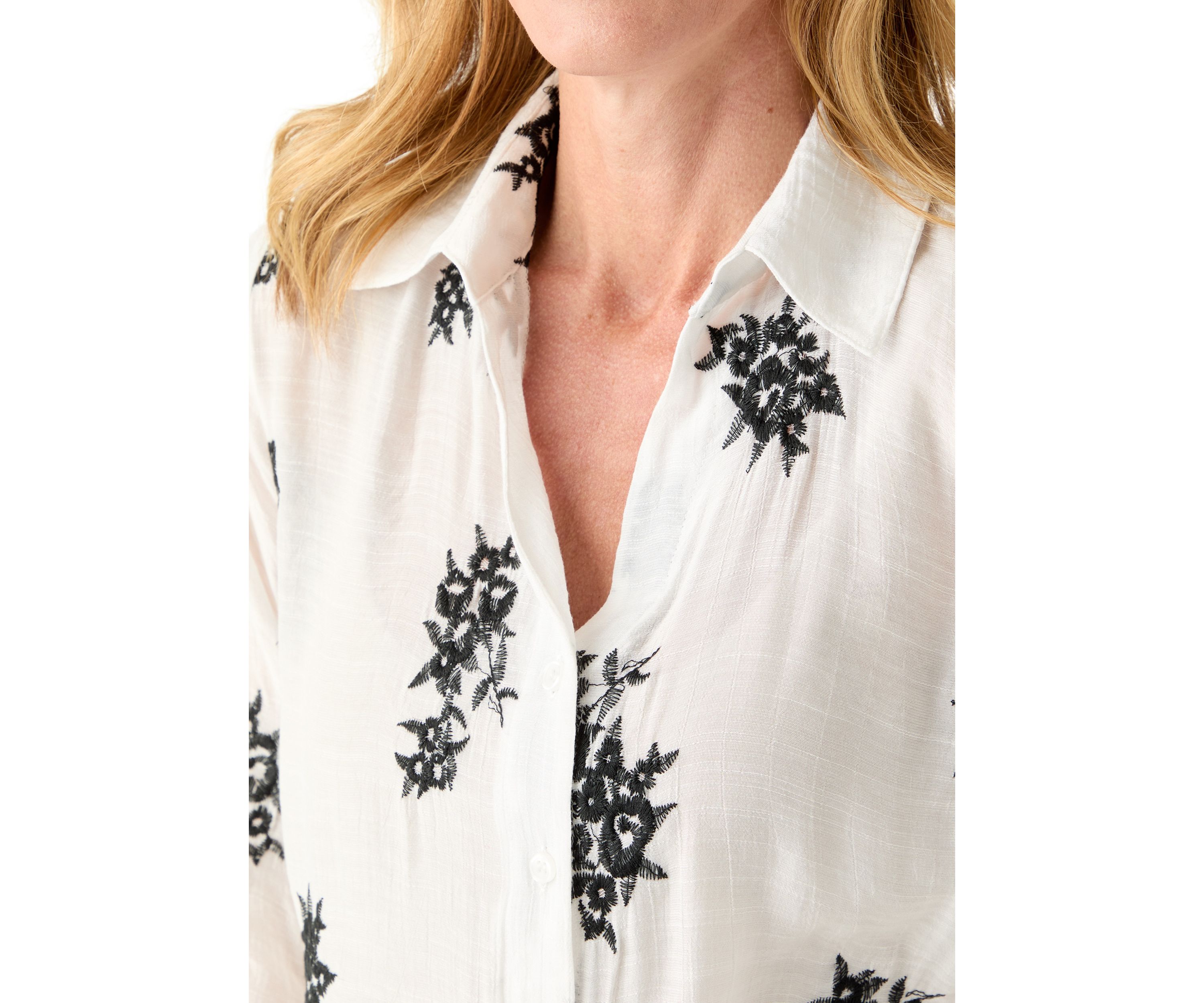 Womens Long Sleeve Embroidered Button-Front Tie Top 