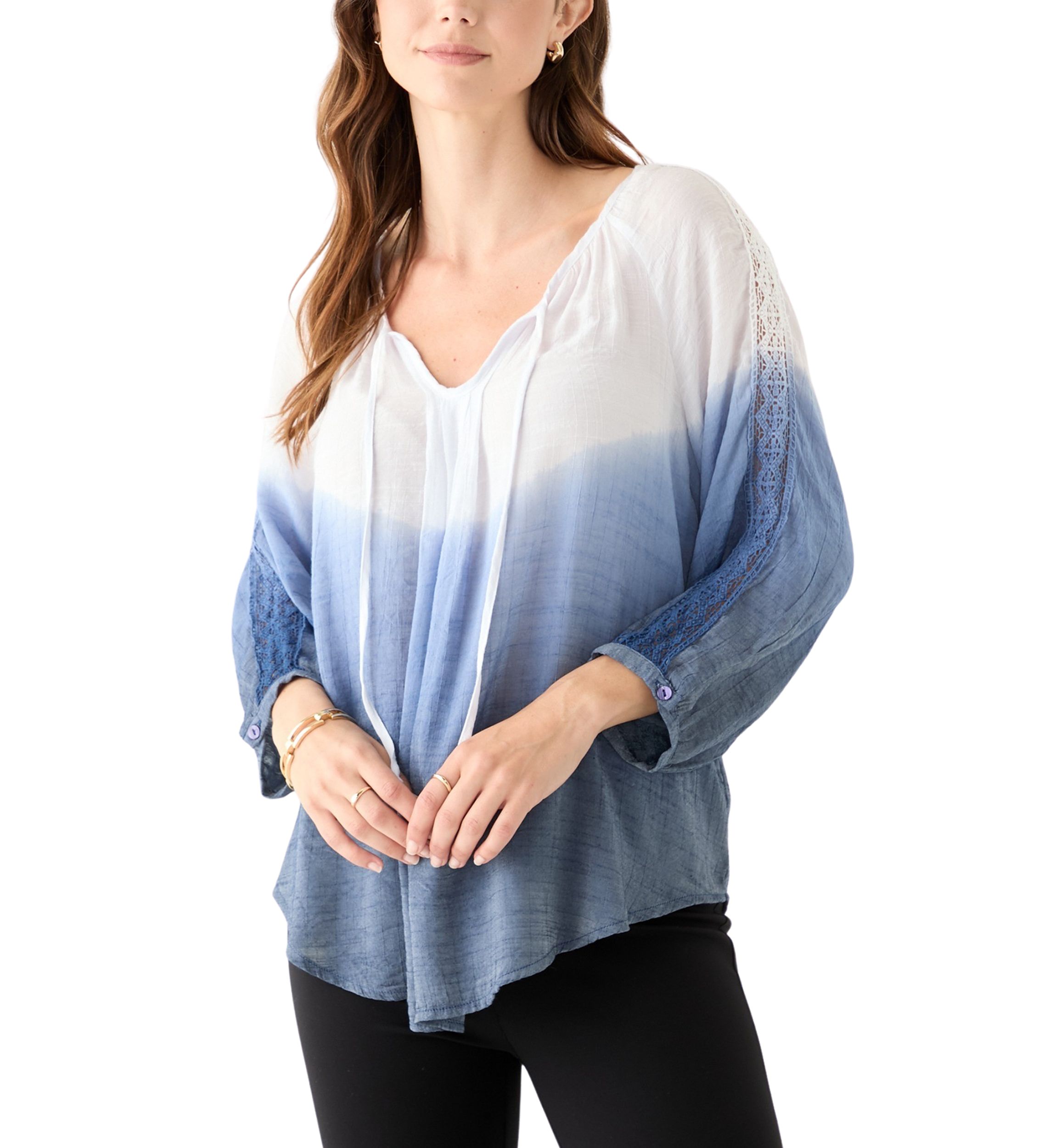 Womens 3/4 Sleeve Dip Dye Peasant Top
