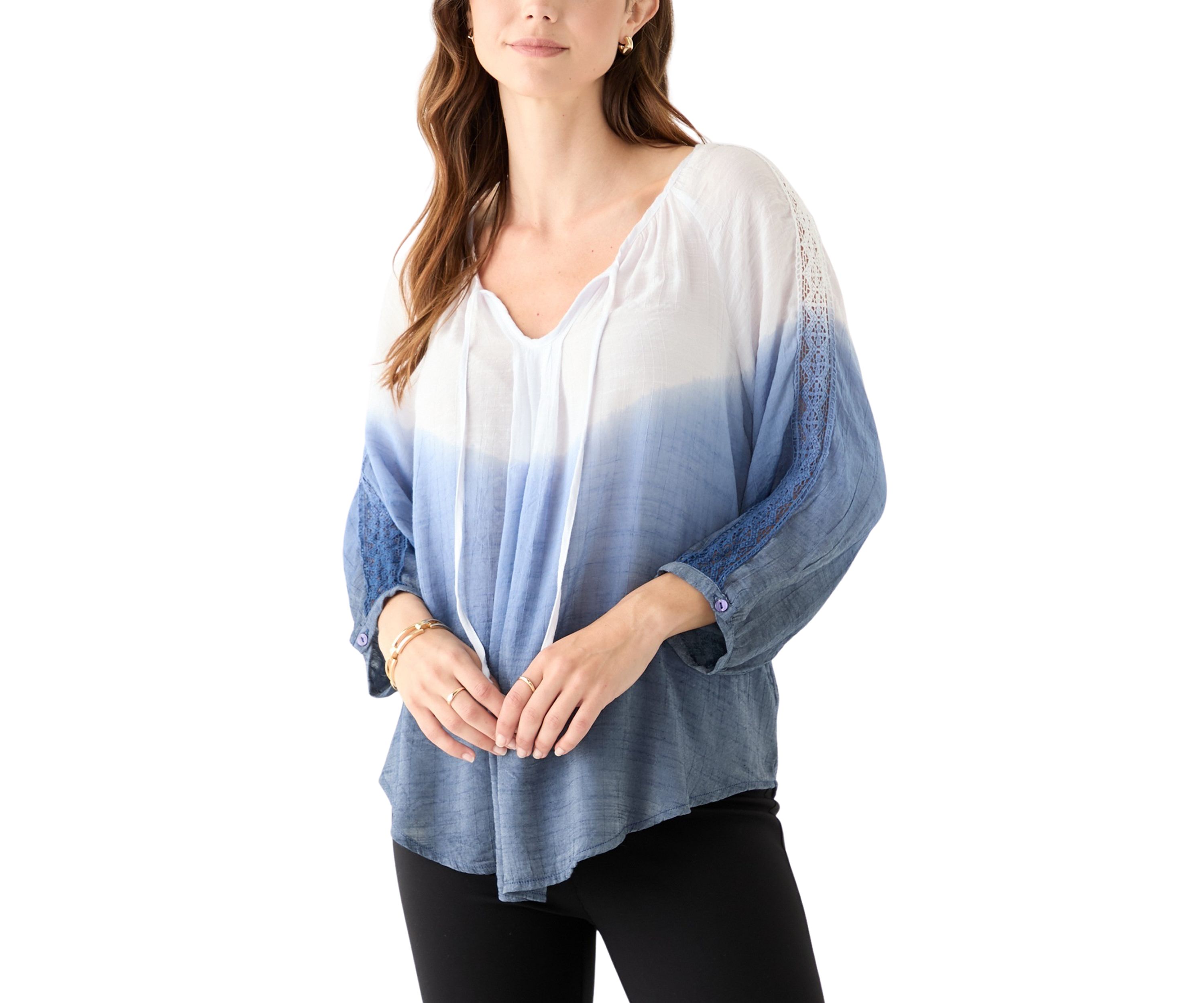 Womens 3/4 Sleeve Dip Dye Peasant Top