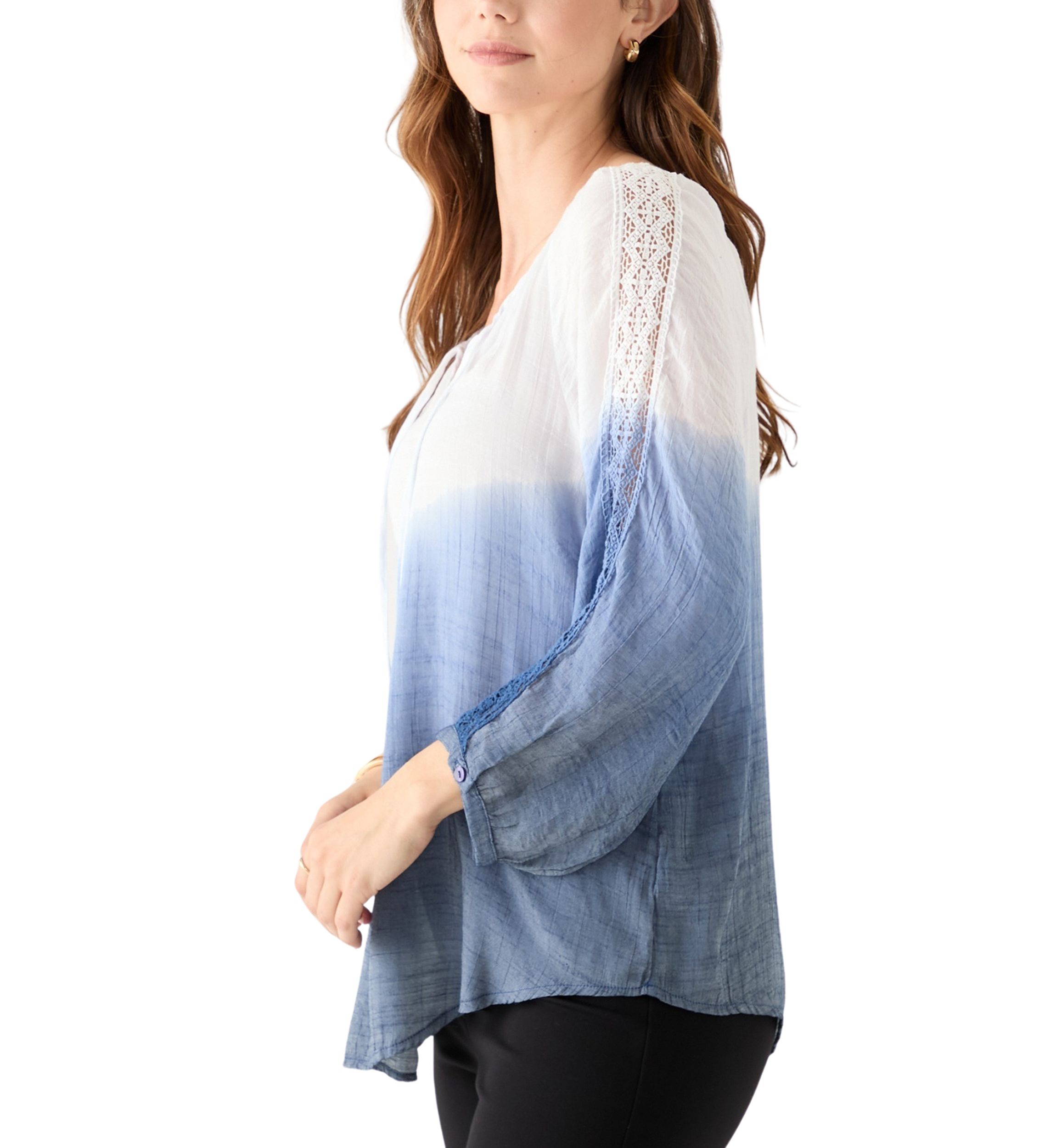 Womens 3/4 Sleeve Dip Dye Peasant Top