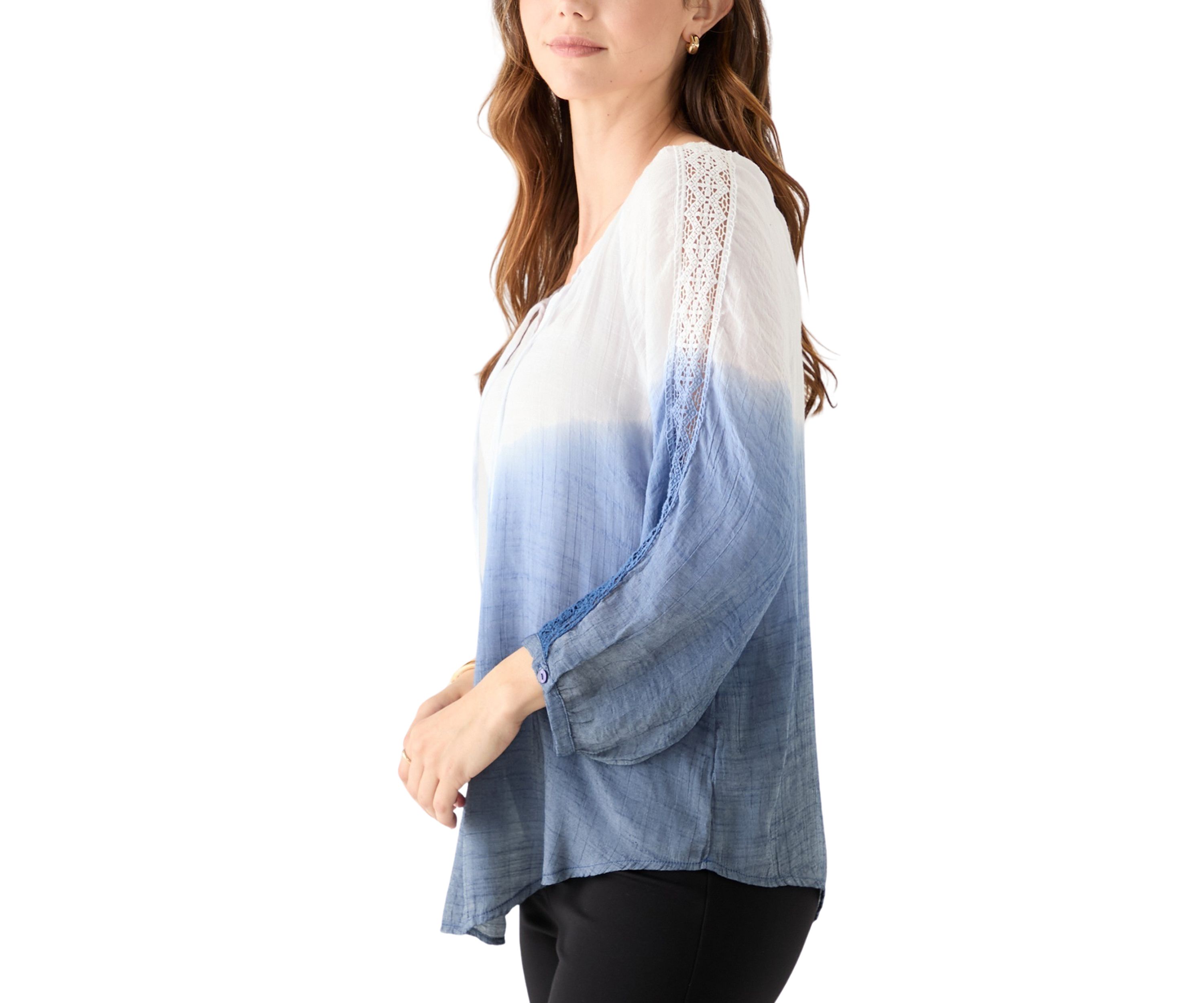 Womens 3/4 Sleeve Dip Dye Peasant Top