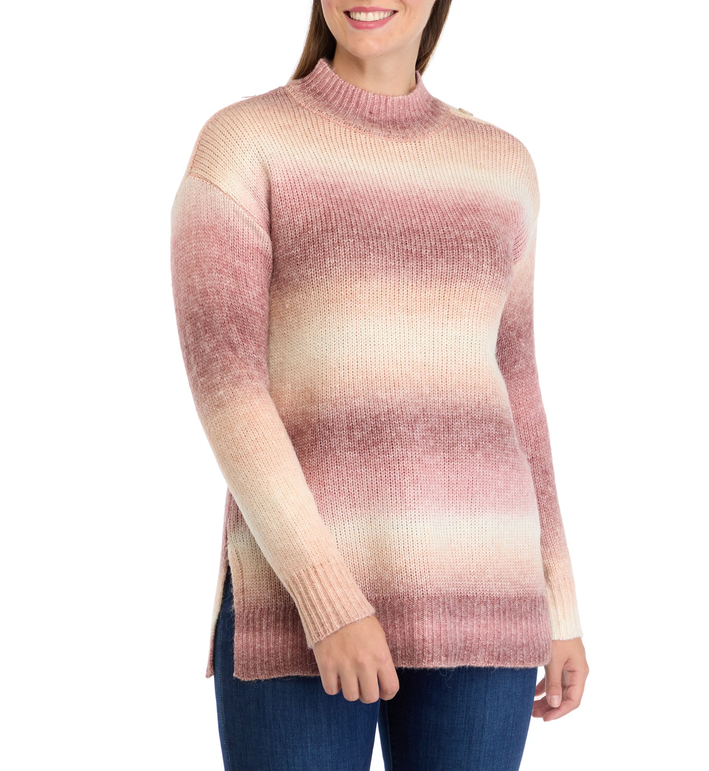 Womens Long Sleeve Ombré Button Shoulder Sweater