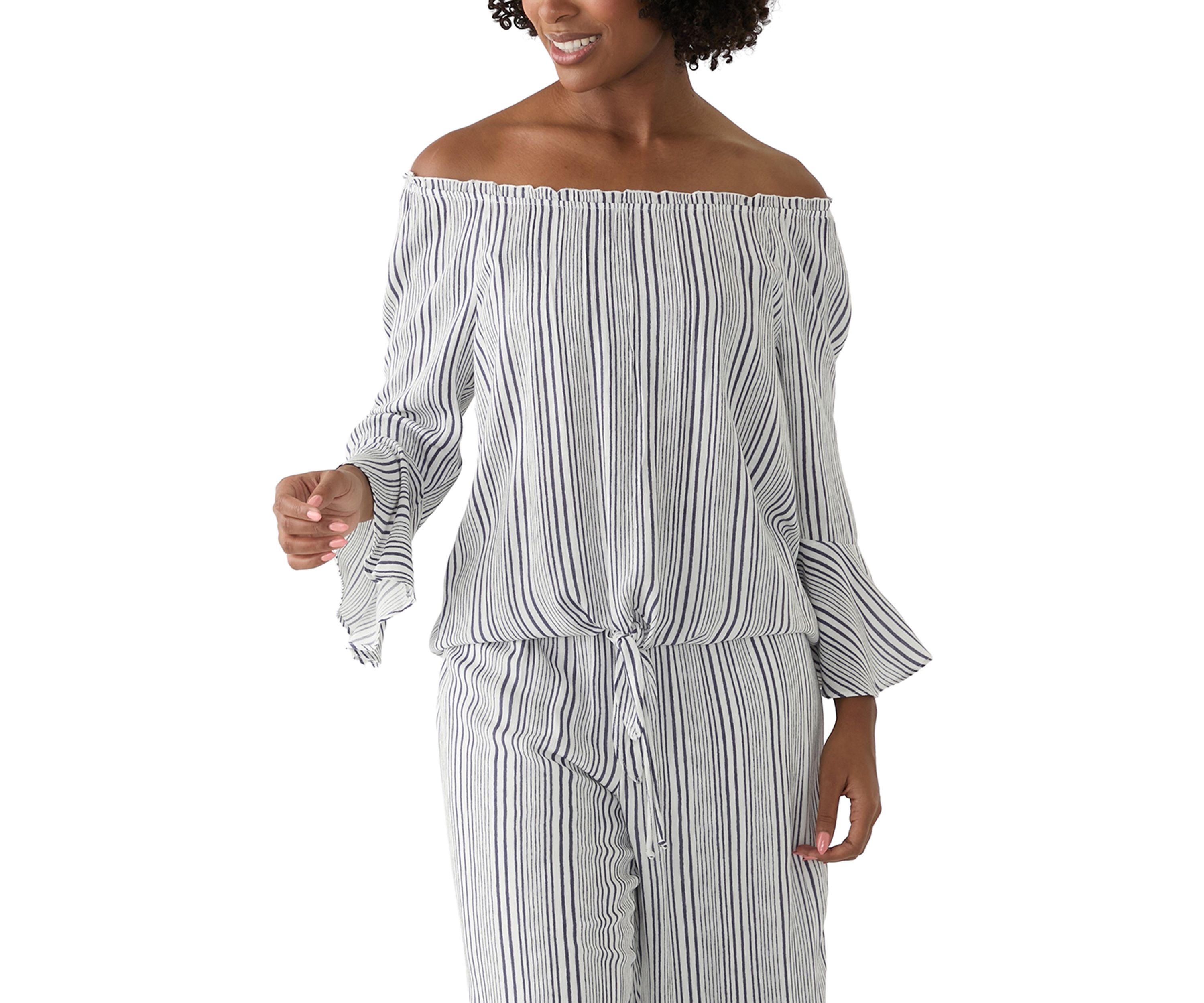 Womens Off the Shoulder Striped Tie Front Blouse