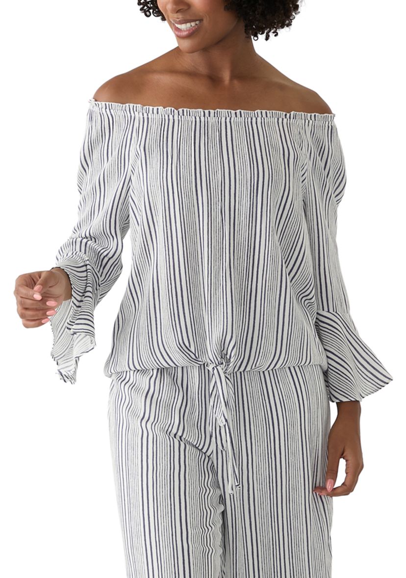 Womens Off the Shoulder Striped Tie Front Blouse