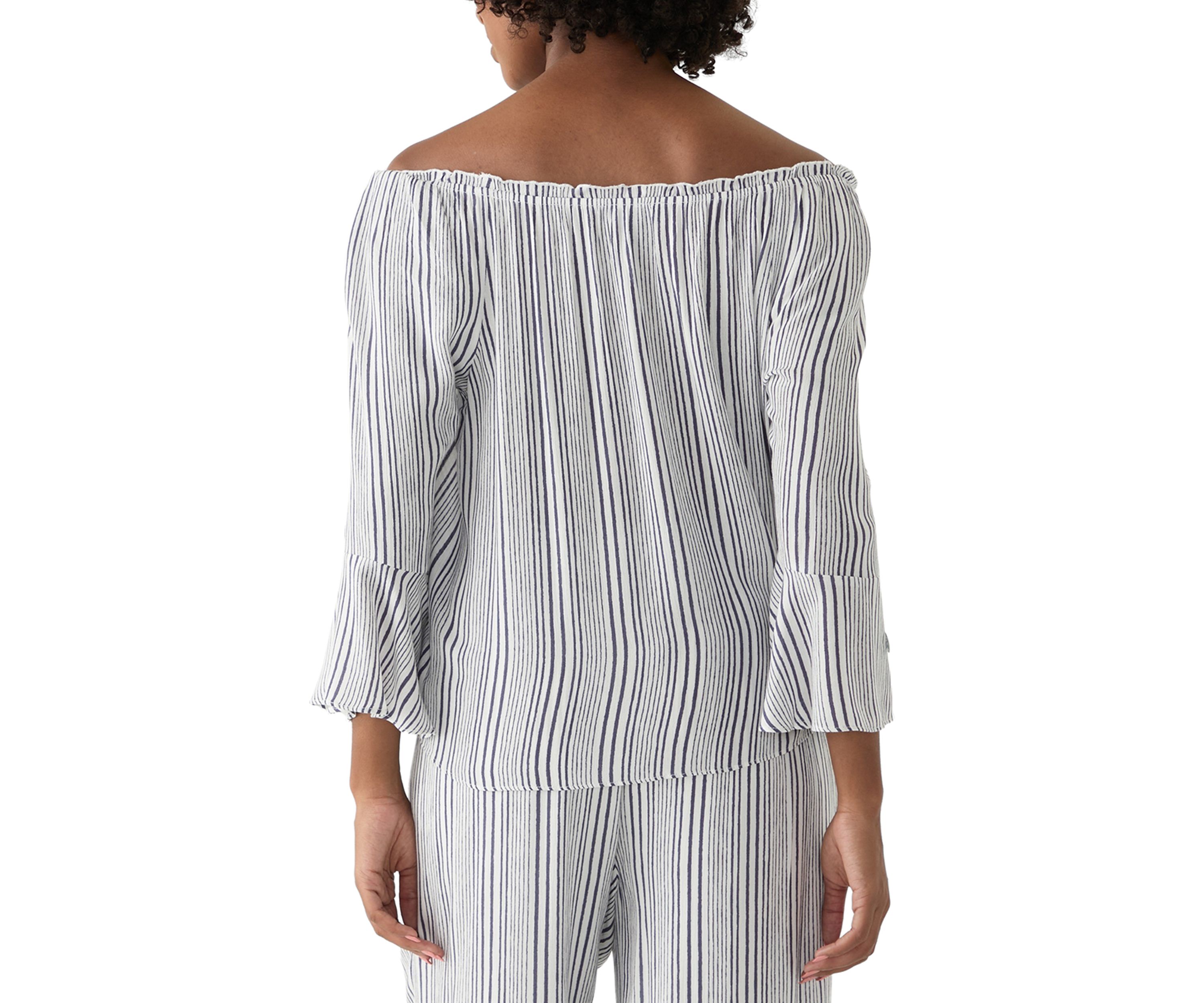 Womens Off the Shoulder Striped Tie Front Blouse