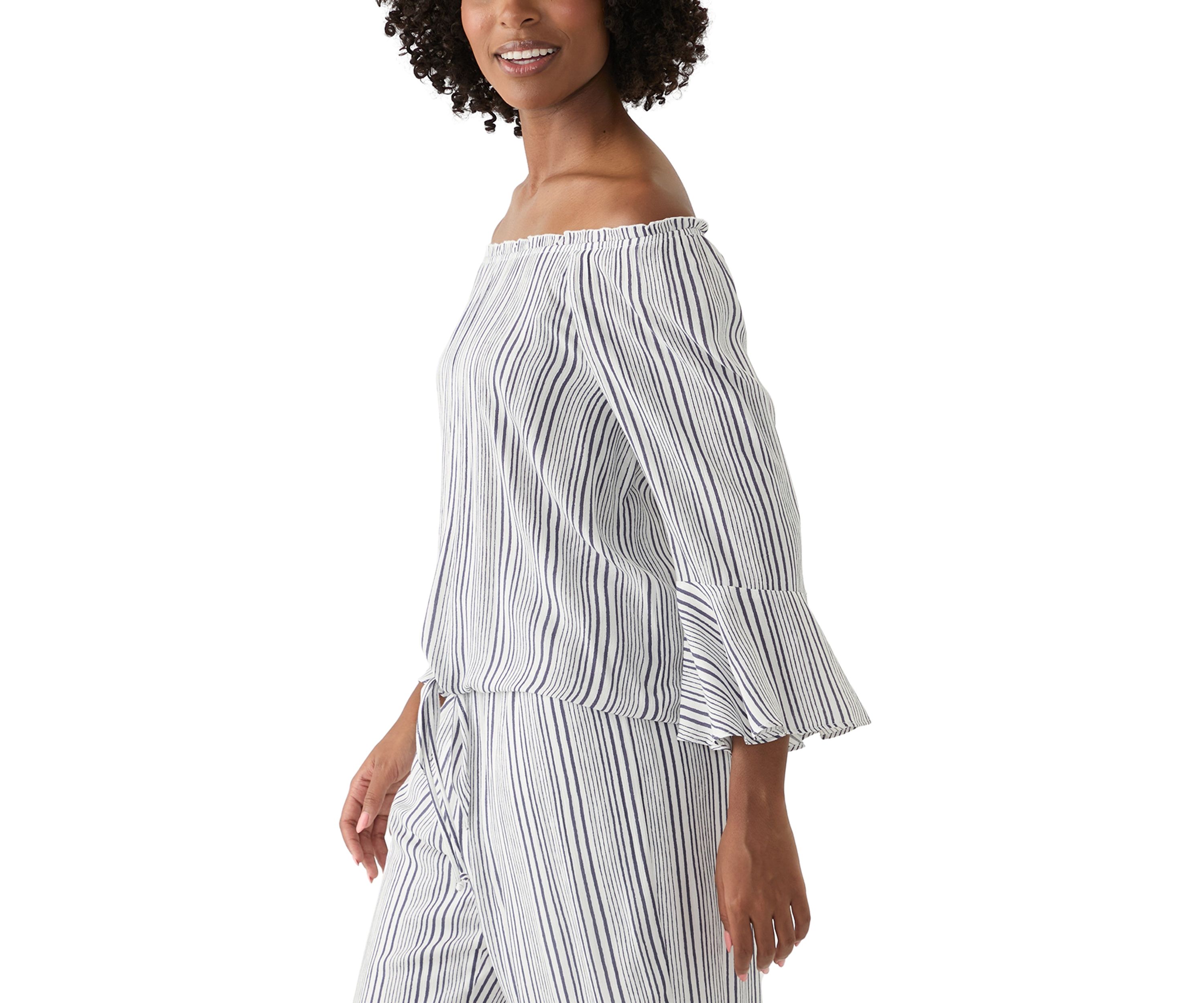 Womens Off the Shoulder Striped Tie Front Blouse