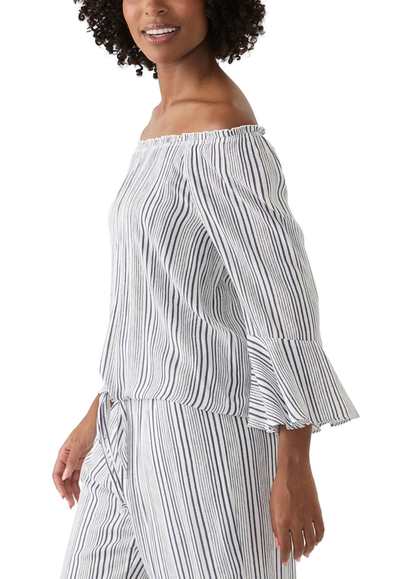 Womens Off the Shoulder Striped Tie Front Blouse
