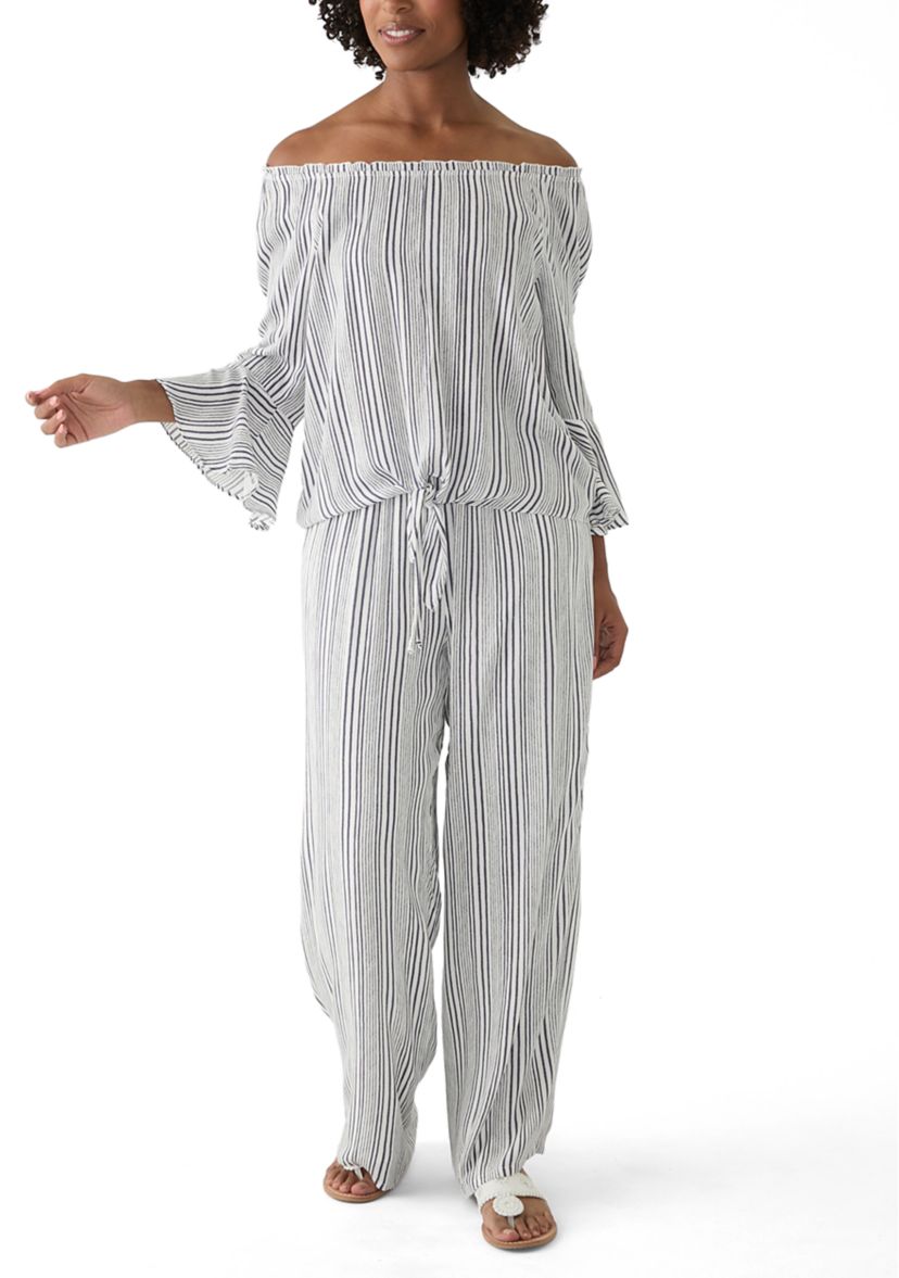 Womens Off the Shoulder Striped Tie Front Blouse
