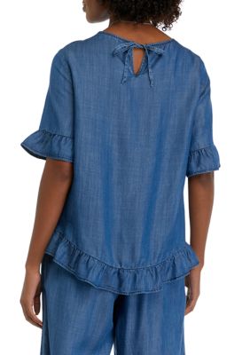 Women's Short Sleeve Ruffle Trim Denim Blouse