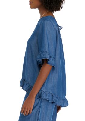 Women's Short Sleeve Ruffle Trim Denim Blouse