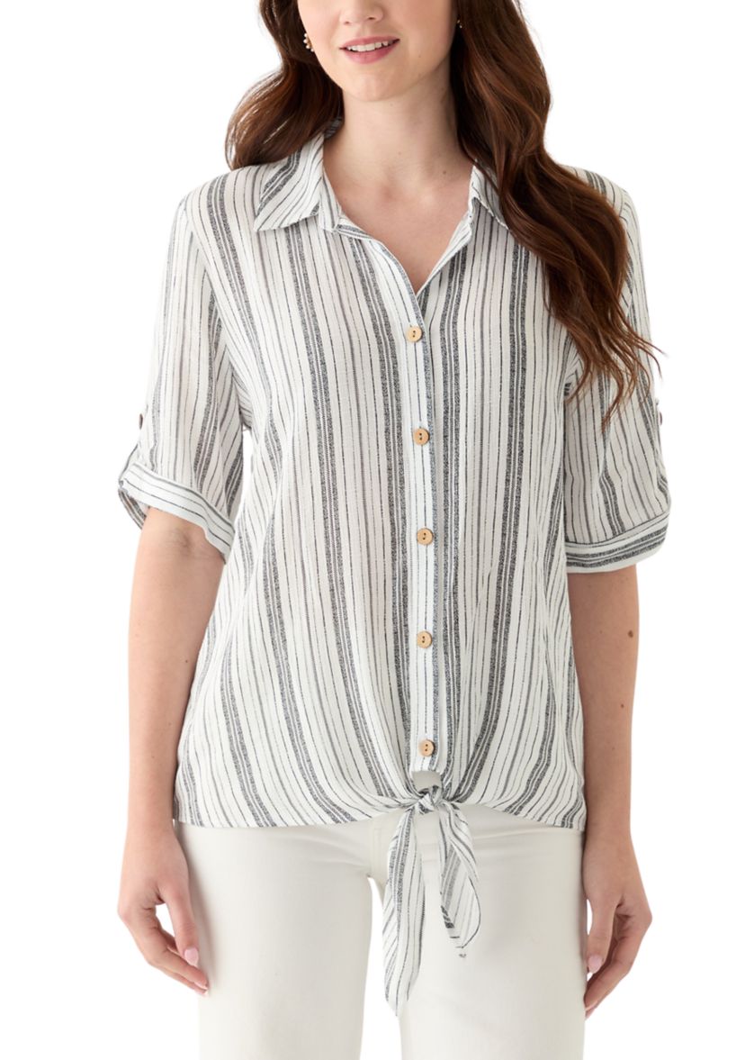 Womens Roll-Tab Sleeve Striped Tie Front Top