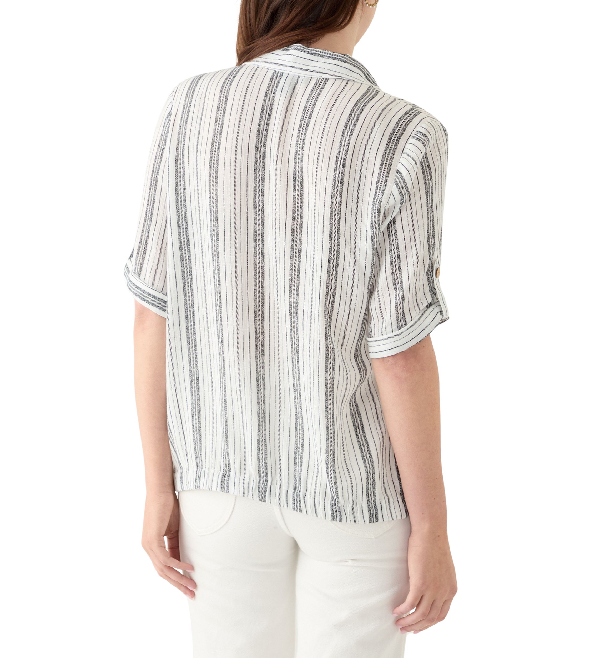 Womens Roll-Tab Sleeve Striped Tie Front Top
