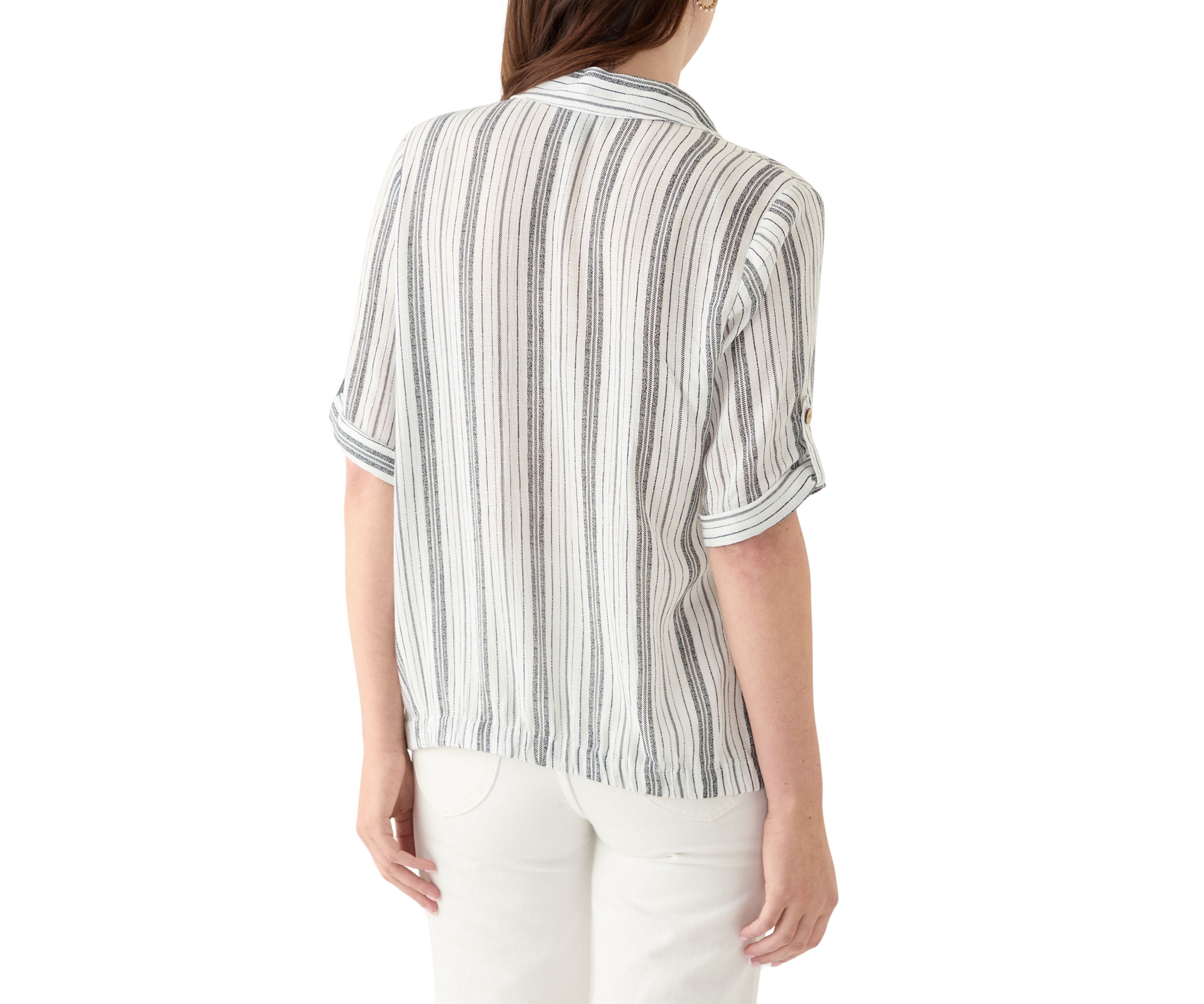 Womens Roll-Tab Sleeve Striped Tie Front Top