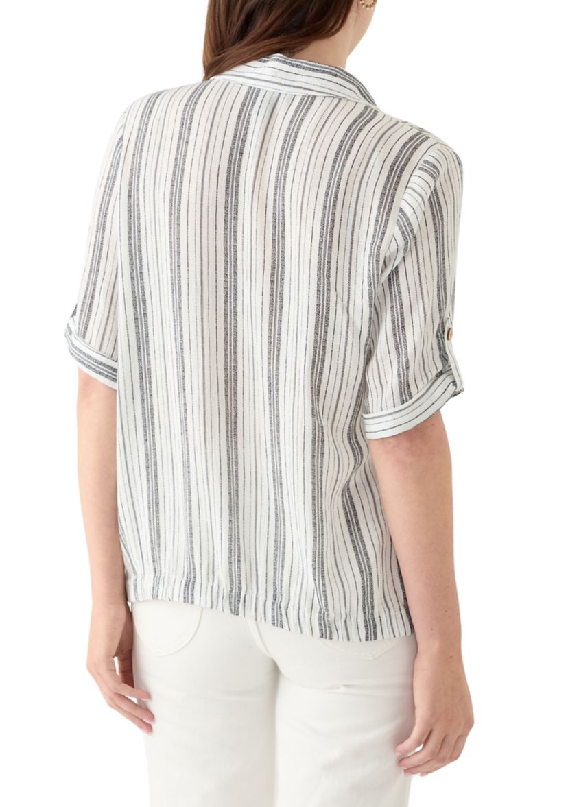 Womens Roll-Tab Sleeve Striped Tie Front Top