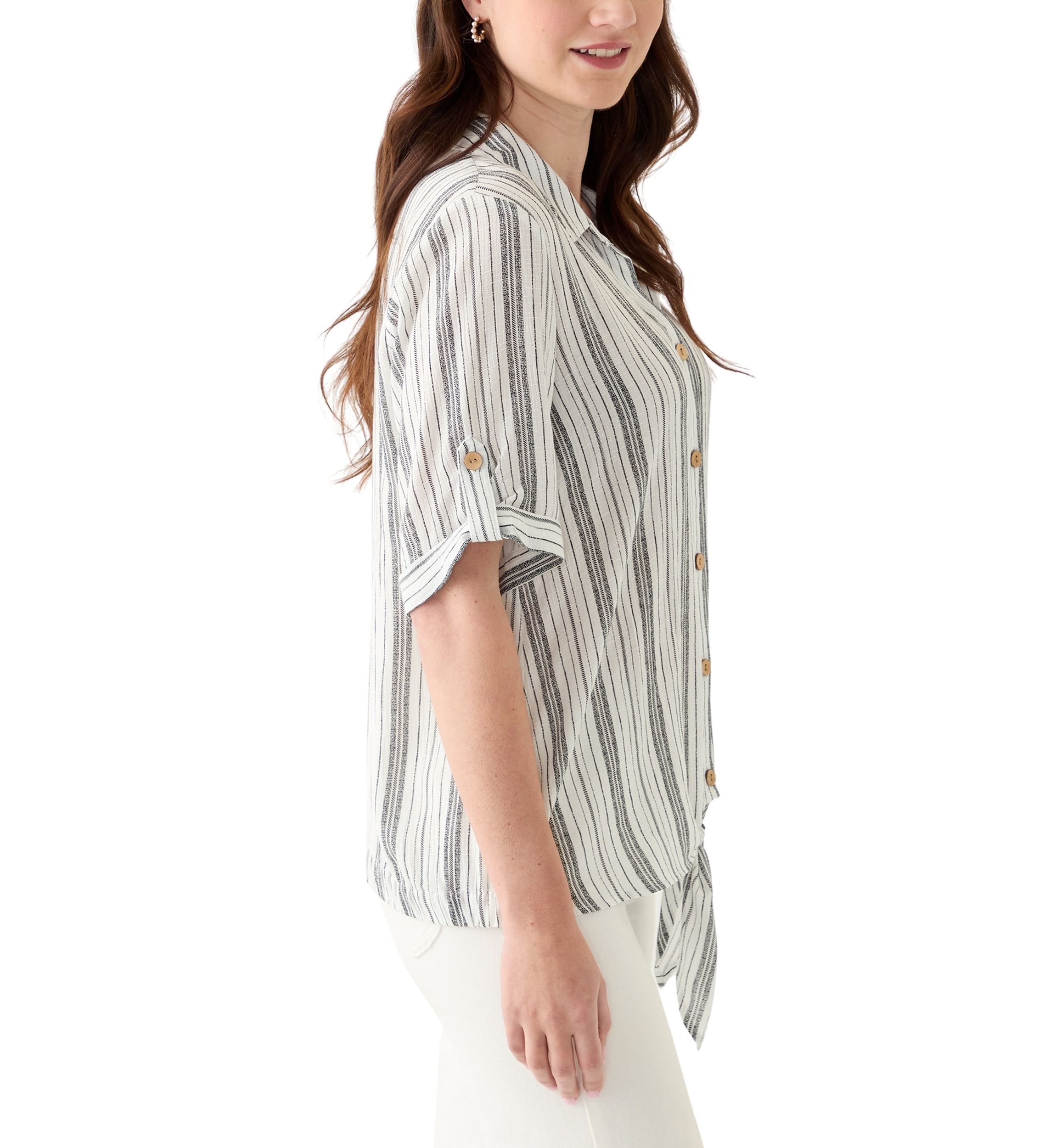 Womens Roll-Tab Sleeve Striped Tie Front Top