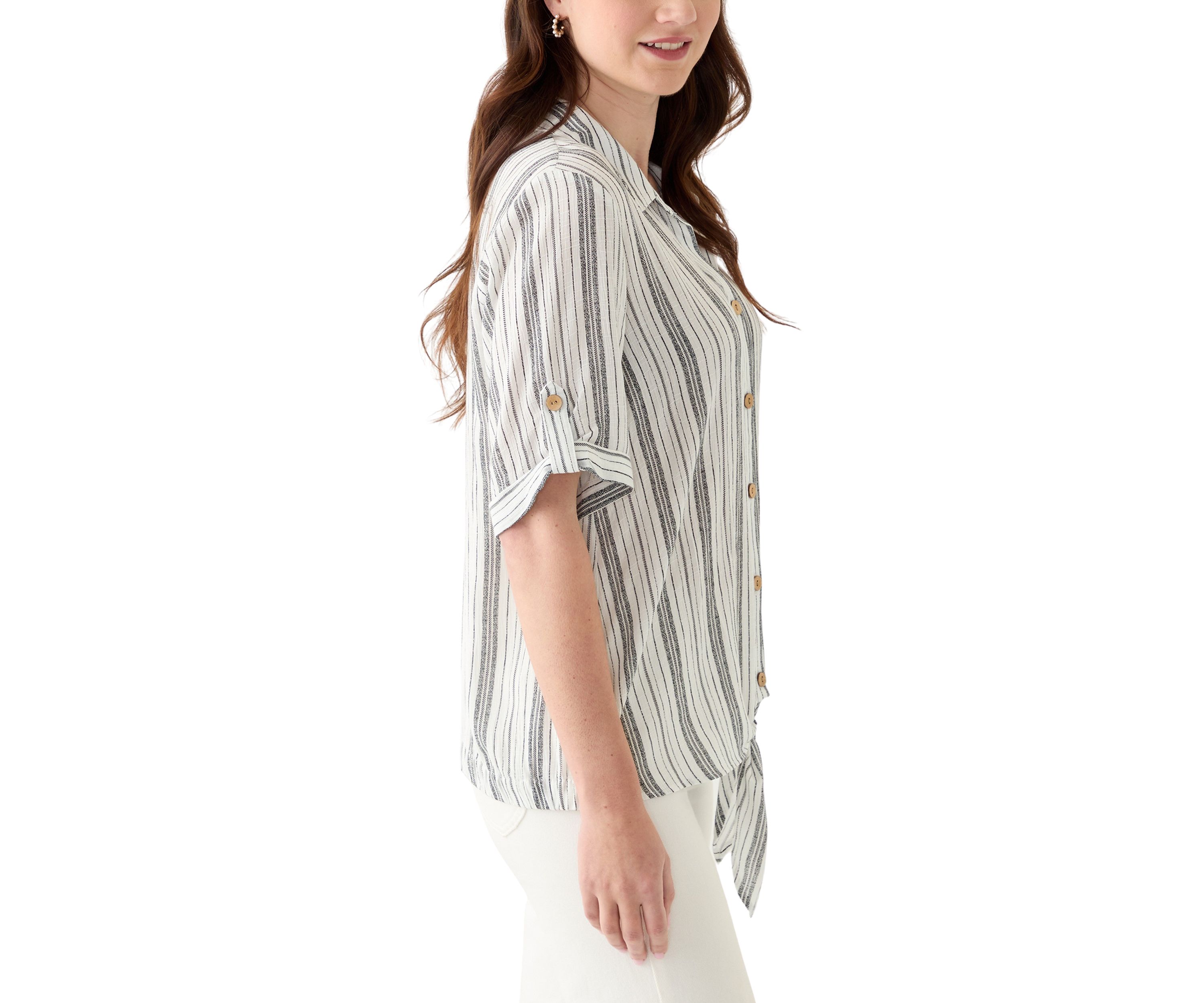 Womens Roll-Tab Sleeve Striped Tie Front Top