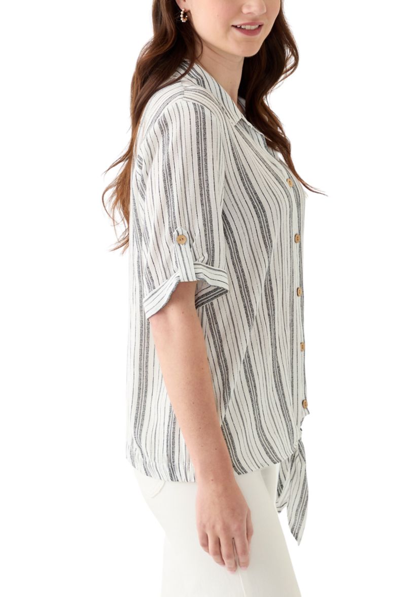 Womens Roll-Tab Sleeve Striped Tie Front Top