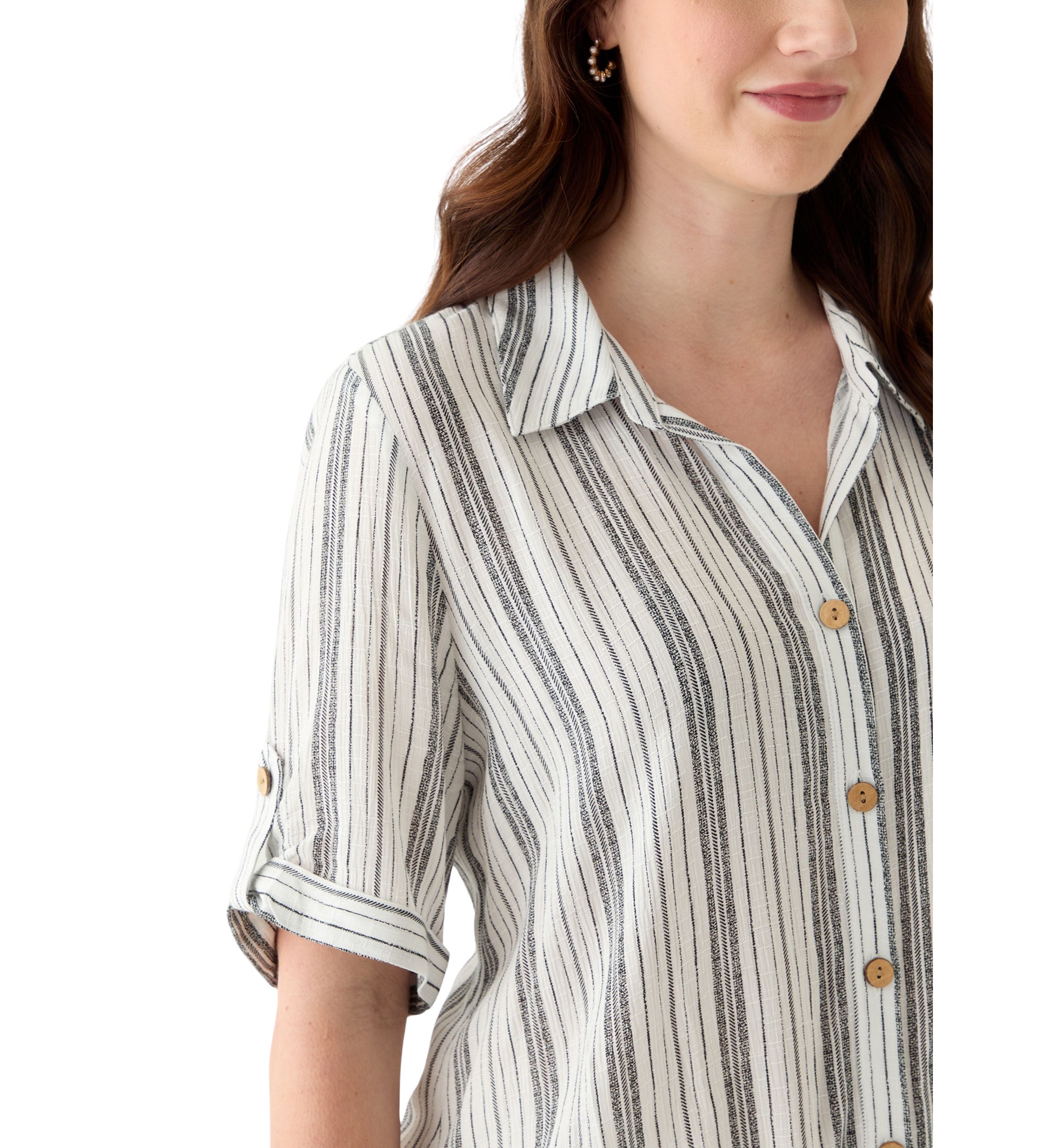 Womens Roll-Tab Sleeve Striped Tie Front Top