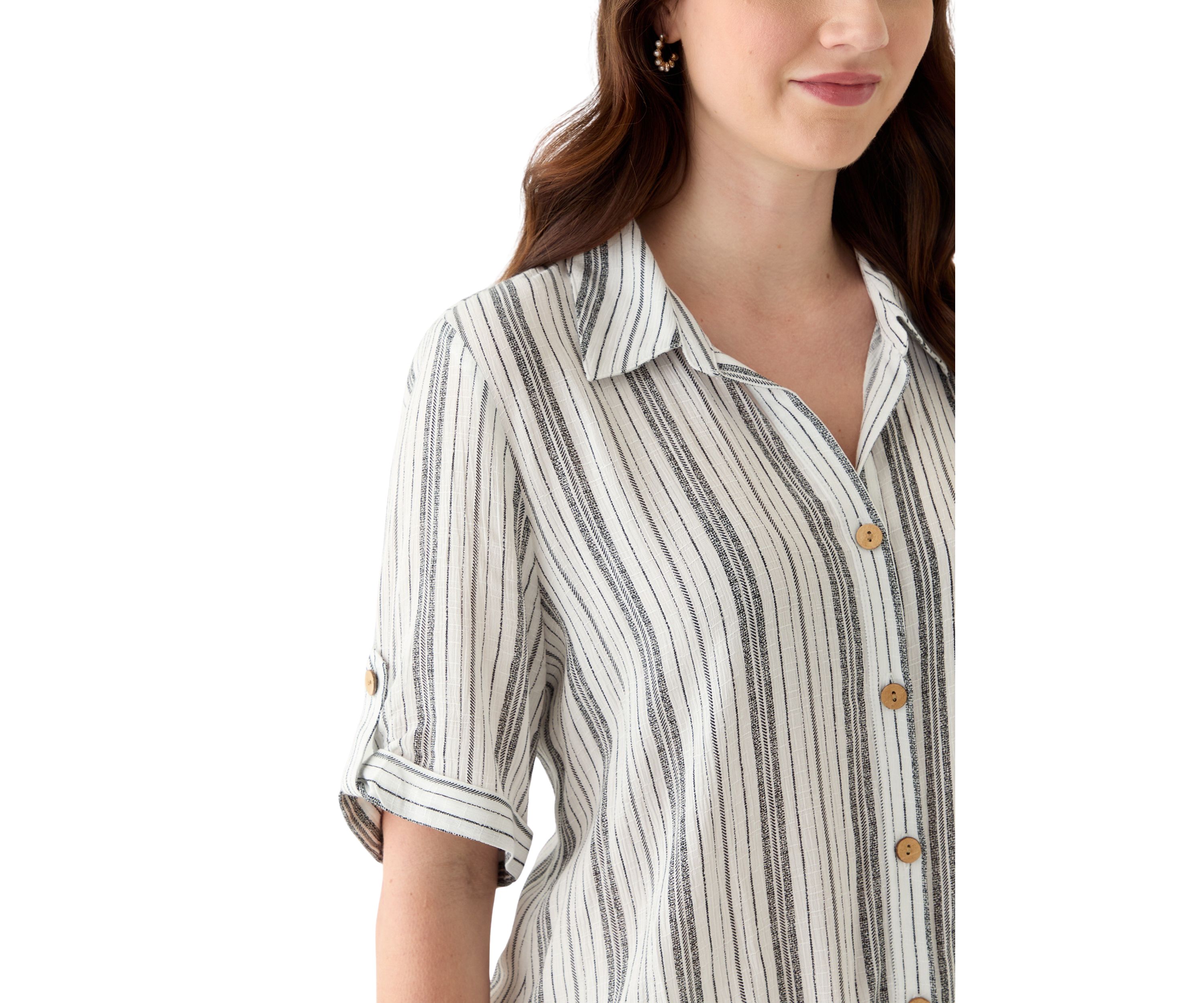 Womens Roll-Tab Sleeve Striped Tie Front Top