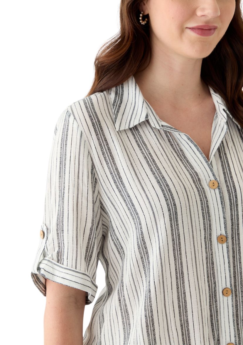 Womens Roll-Tab Sleeve Striped Tie Front Top