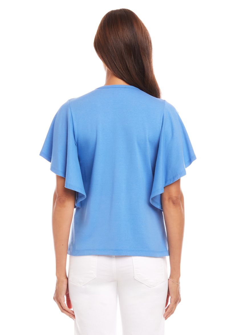 Womens Flutter Sleeve V-Neck Top